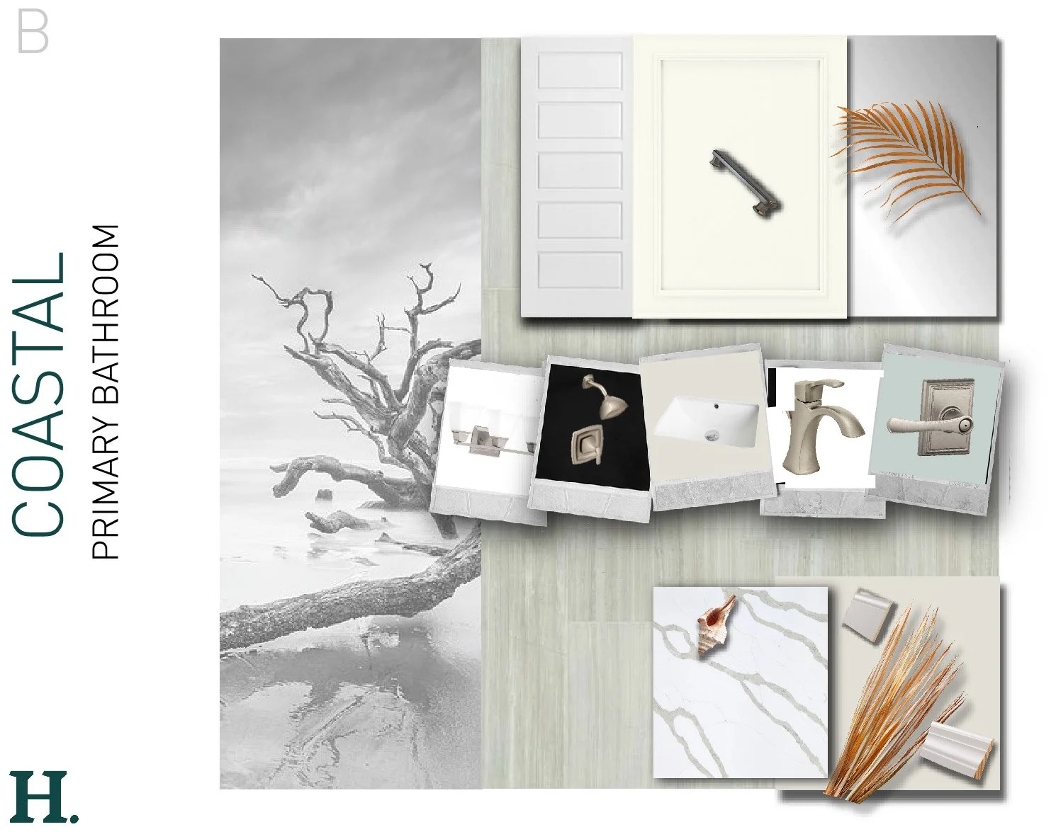Design board for a bathroom with neutral tones, featuring a tree mural, a white cabinet with a black handle, a brown leaf, white sink and fixtures, marble countertops, and various hardware samples.