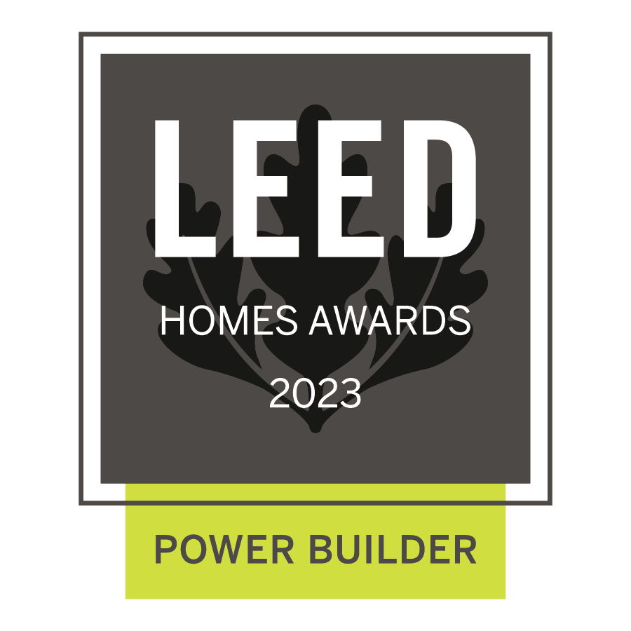 Award badge for LEED Homes Awards 2023 with a leaf design and Power Builder text