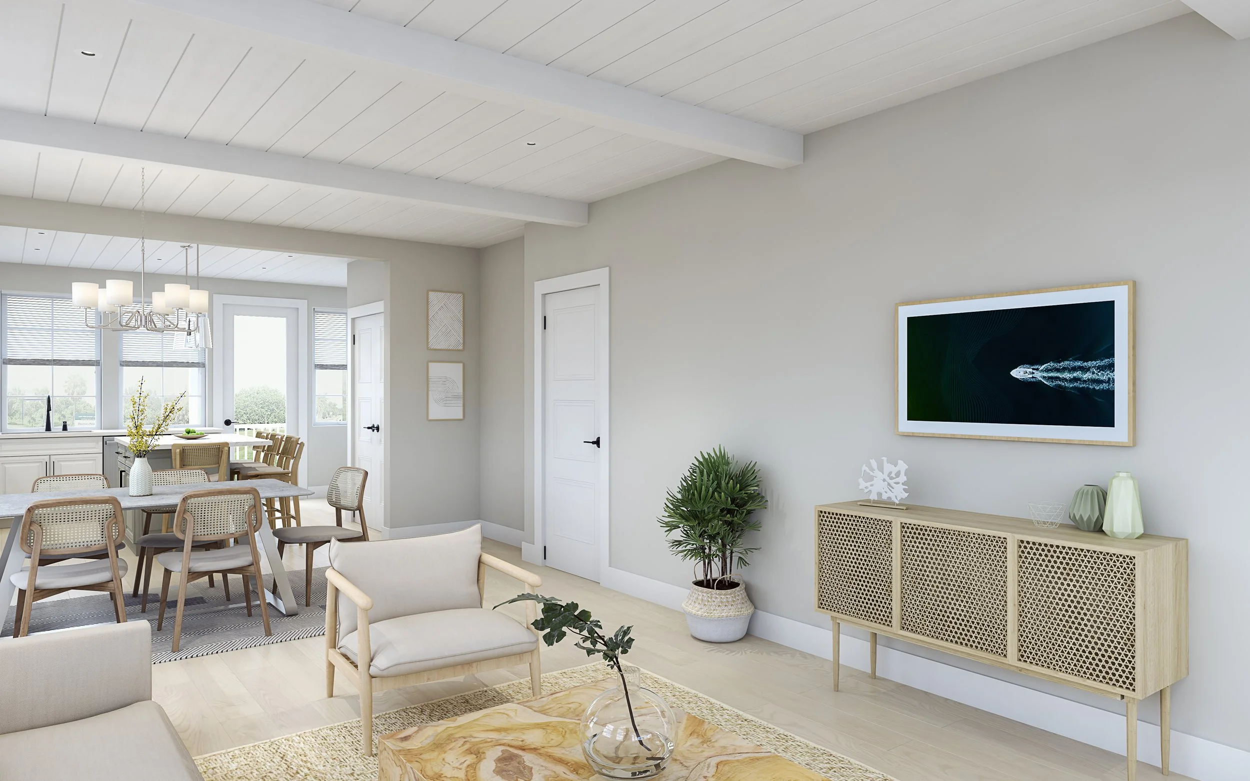 Modern living room with dining area, light-colored furniture, wall-mounted TV, potted plant, decorative vases, and natural light.