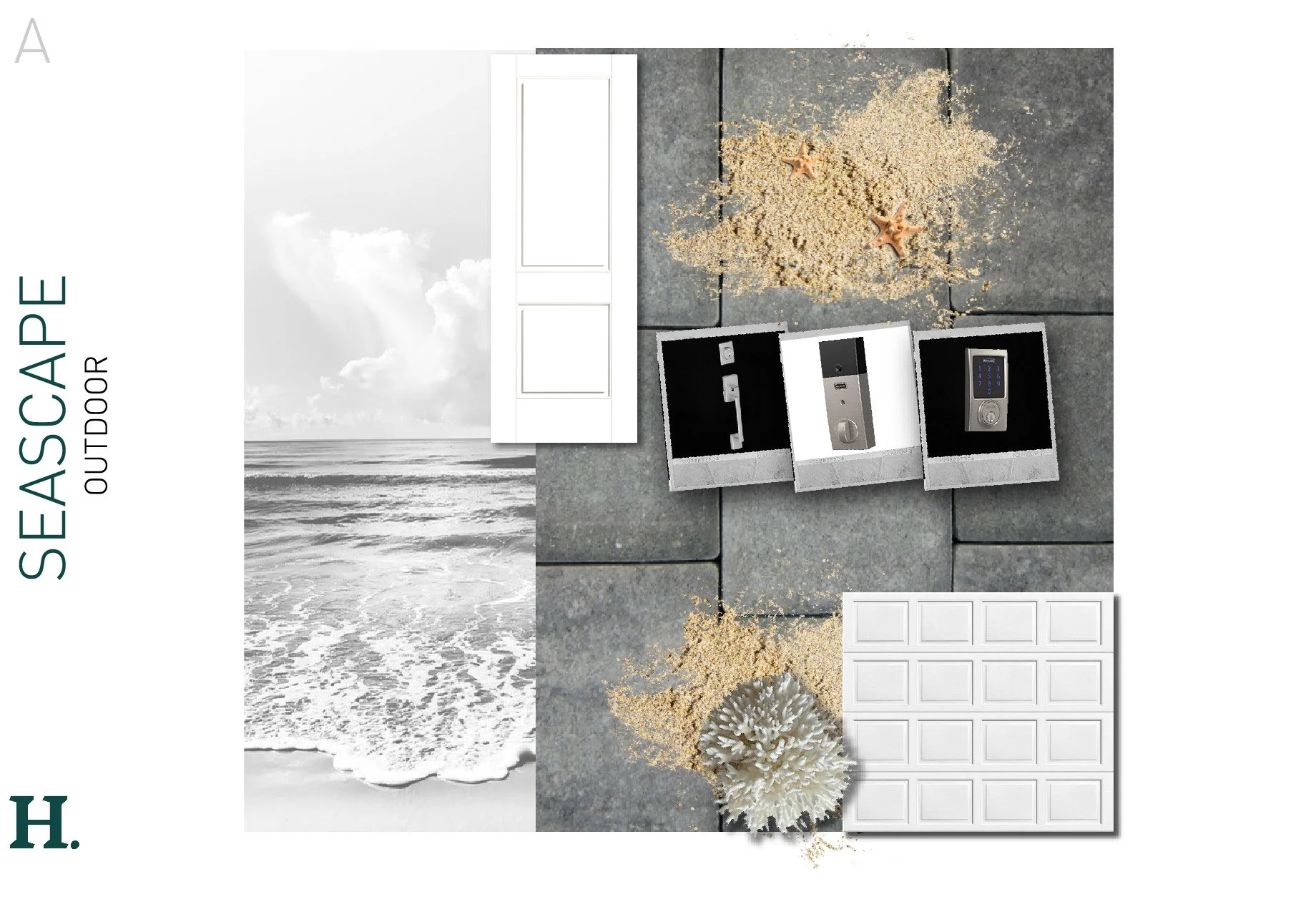 Layout of various outdoor decor elements including starfish, sand, a white coral, a white door, and three different digital lock keypads on a tiled surface, with a seascape background featuring the ocean and cloudy sky.