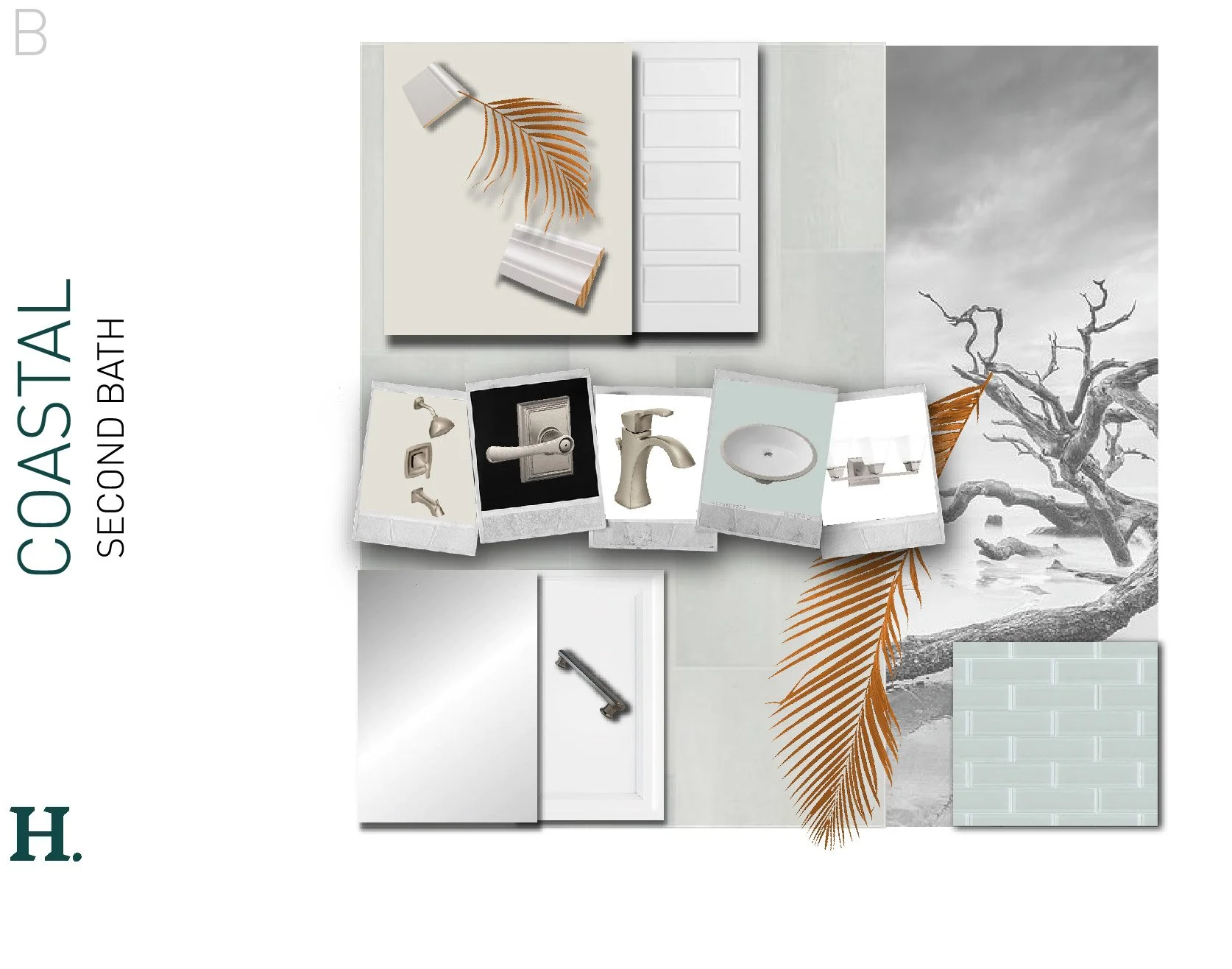 Collage of second bathroom design elements including a white cabinet with a palm leaf art, a silver towel rack, a silver faucet, a white sink, a three-piece set of clear glasses, a gray toothbrush holder, a leaf detail, a white wall with a black and 