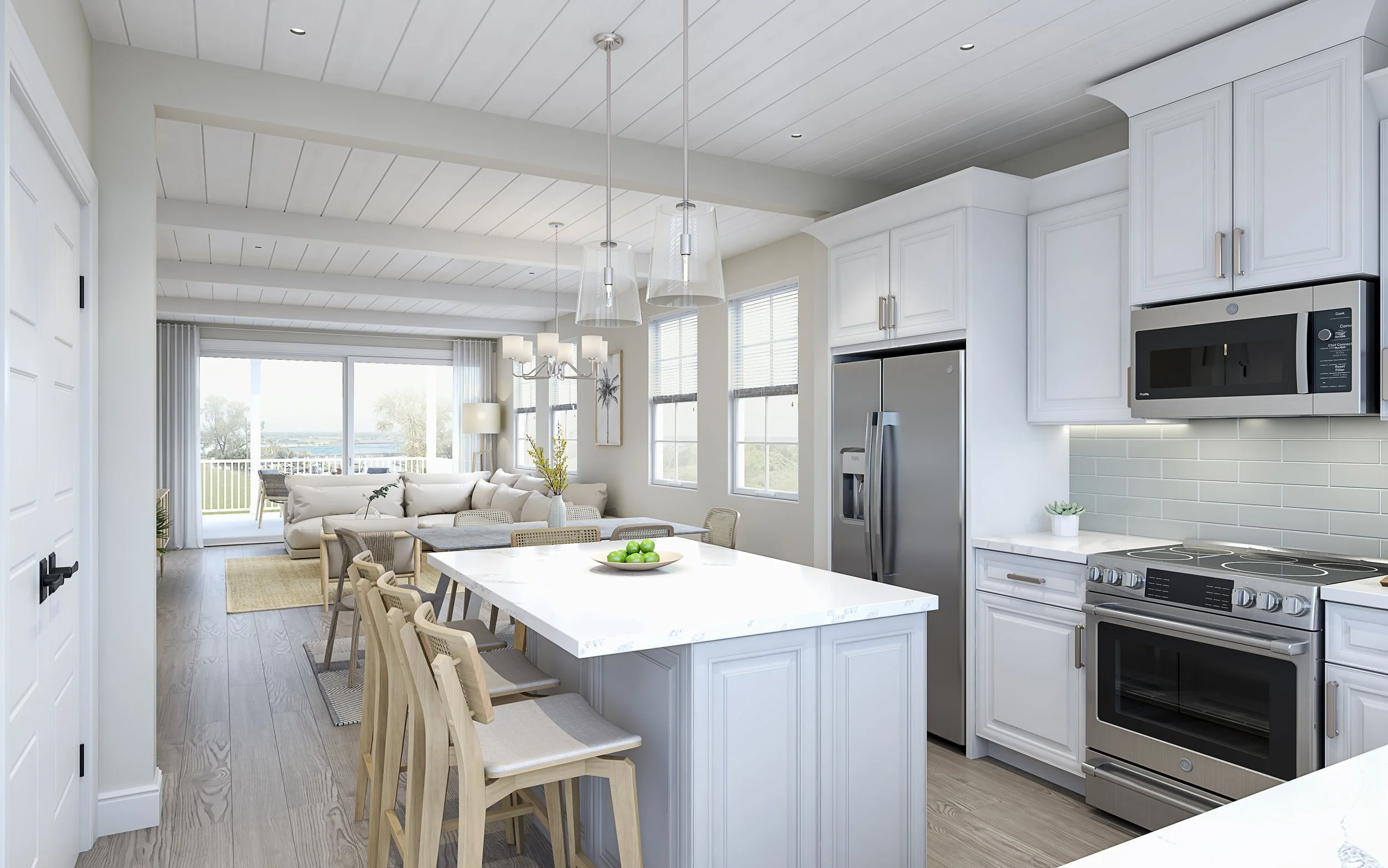Modern open-concept kitchen with white cabinets, stainless steel appliances, a white marble island with bar stools, and a view into the living room with a large window and patio door