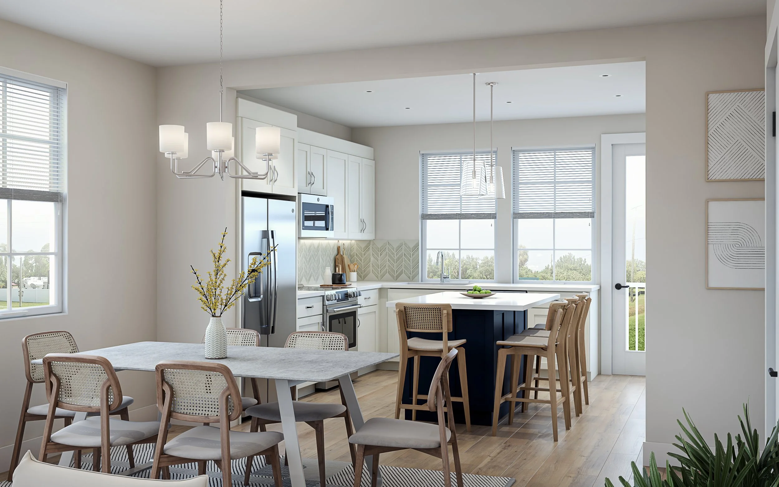 Bright open-concept kitchen and dining area with white cabinets, stainless steel appliances, a navy-blue kitchen island with bar stools, a marble dining table with chairs, large windows with blinds, and modern wall art.