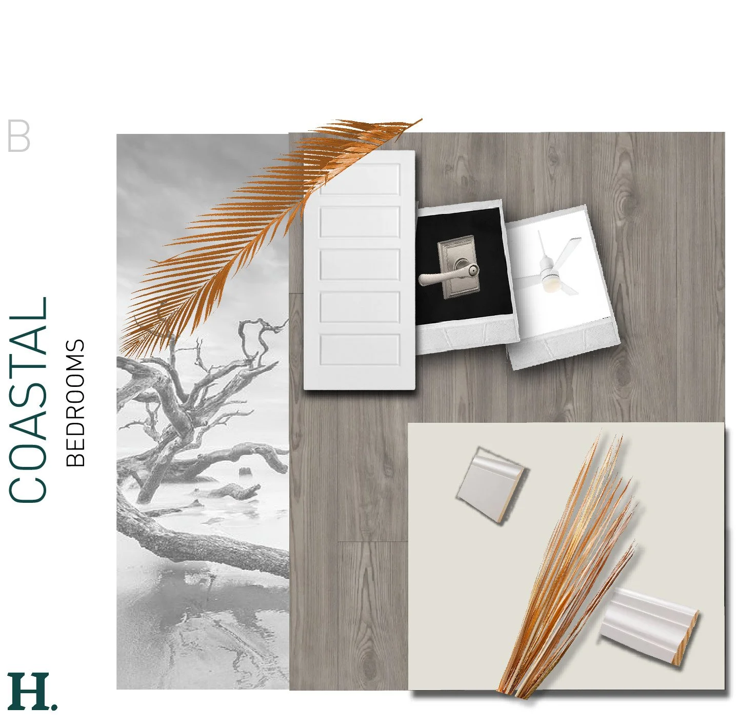 Flat lay of interior design inspirations for coastal bedroom, includes a black and white beach scene poster, a white door with multiple panels, a brass door handle, a white ceiling fan, a beige wall sample, a bundle of dried brown reed, and a white t