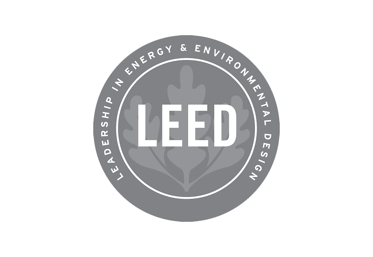 LEED certification badge for leadership in energy and environmental design with grey leaf graphic