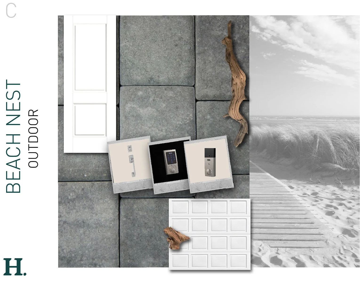 A collection of home security devices, including video doorbell, intercom, and access control panel, arranged on a textured gray surface with a driftwood piece and a white wall panel, with a background of a beach and sky.