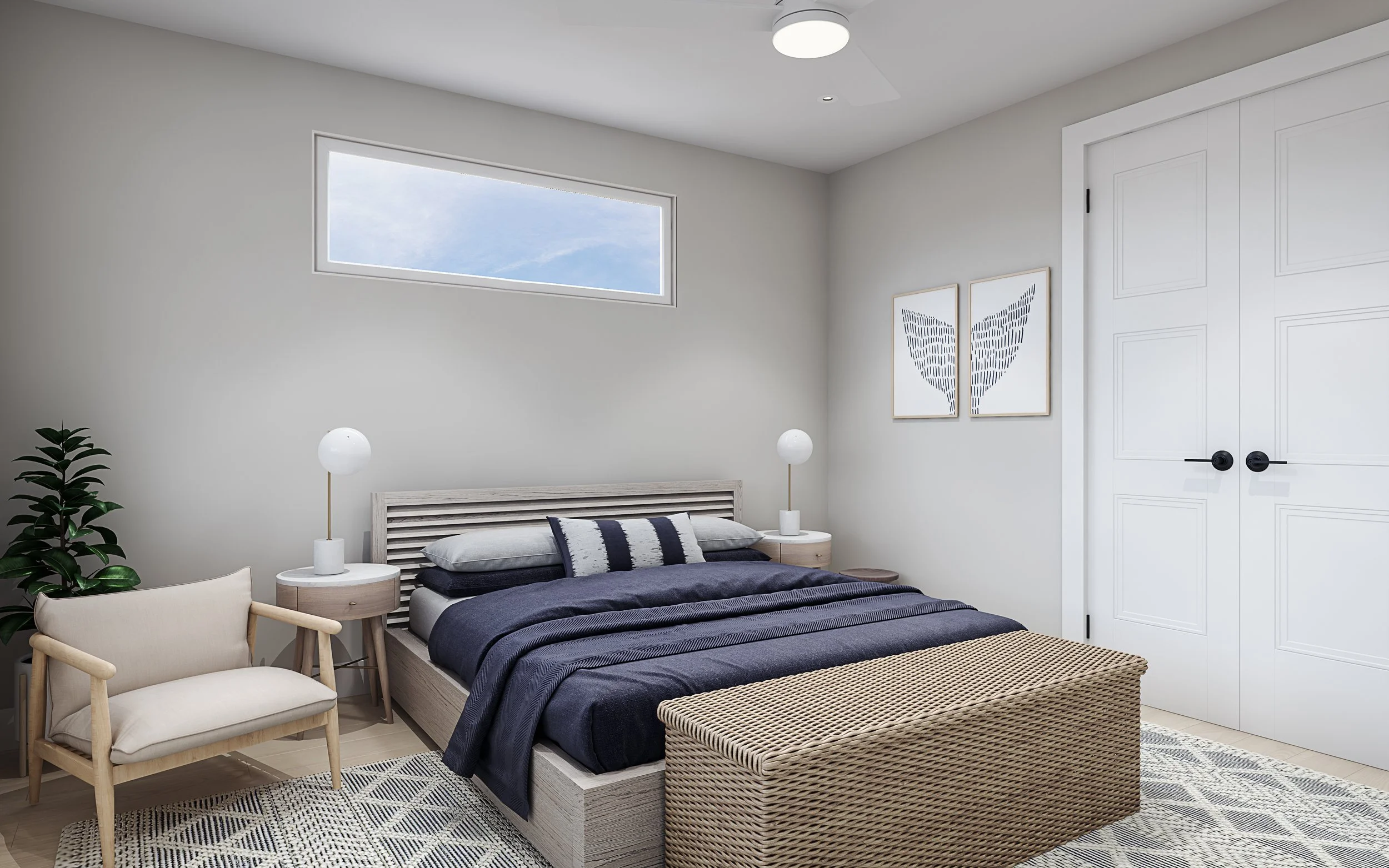 A minimalist bedroom featuring a bed with a wooden slatted headboard, navy bedding, and a striped pillow. On either side of the bed are white nightstands with round lamps. There is a wooden chair with a light cushion to the left, a woven storage benc