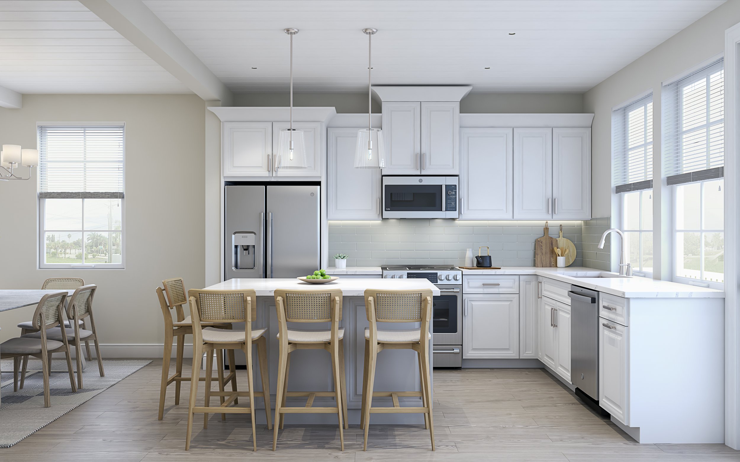Modern white kitchen with refrigerator, microwave, oven, and dishwasher, island with six chairs, large windows, and minimalist decor.
