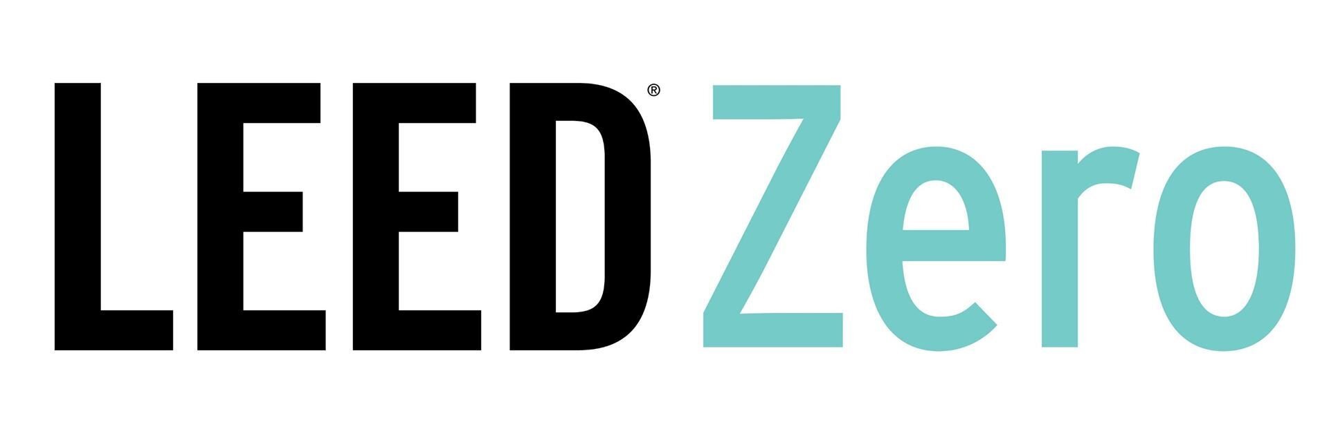 LEED Zero logo with the words LEED in bold black letters and Zero in light blue letters.