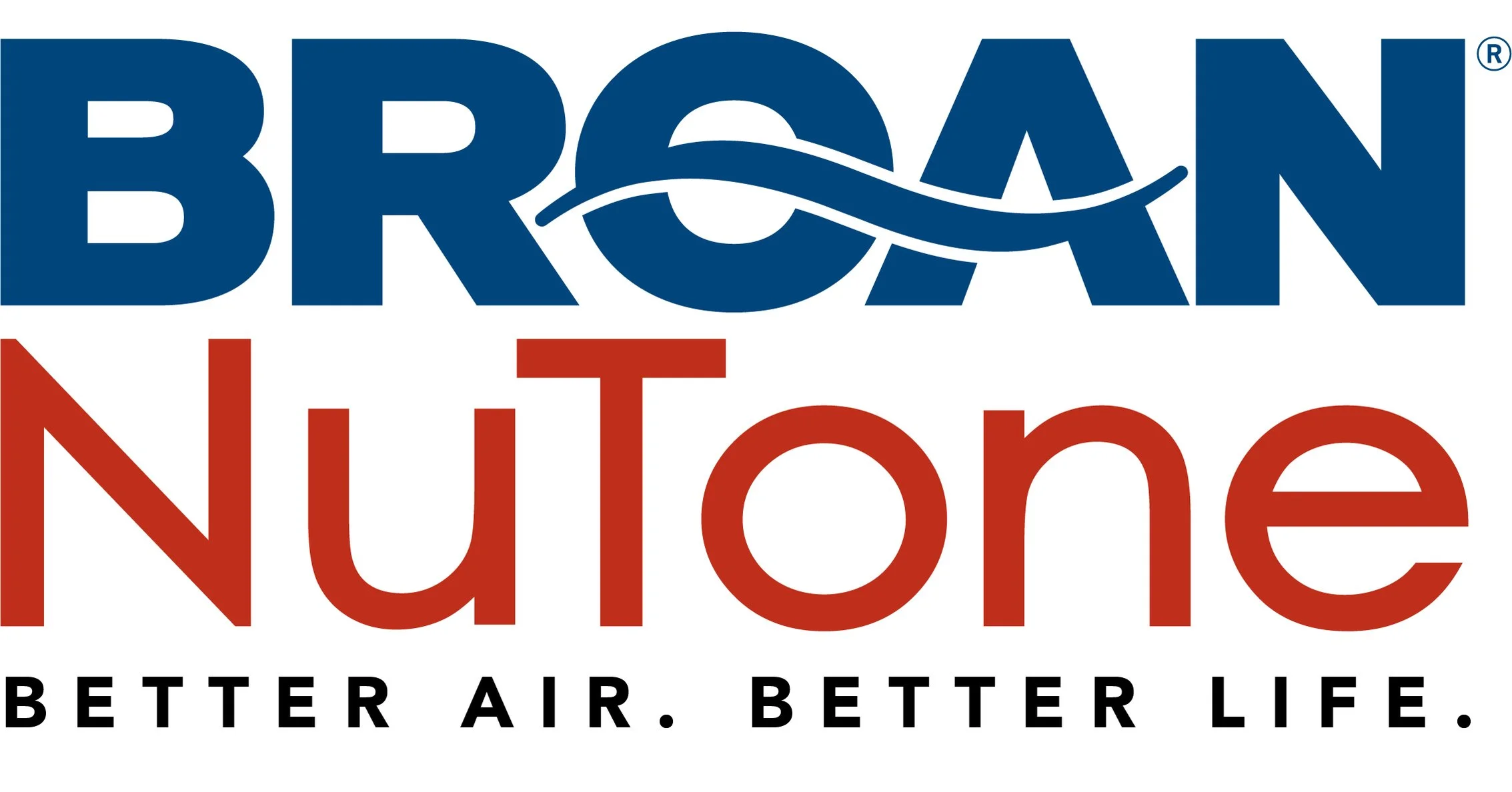 Logo for Broan Nutone featuring the words 'Broan' in blue with a wave design and 'Nutone' in red, below that the slogan 'Better Air. Better Life.' in black.