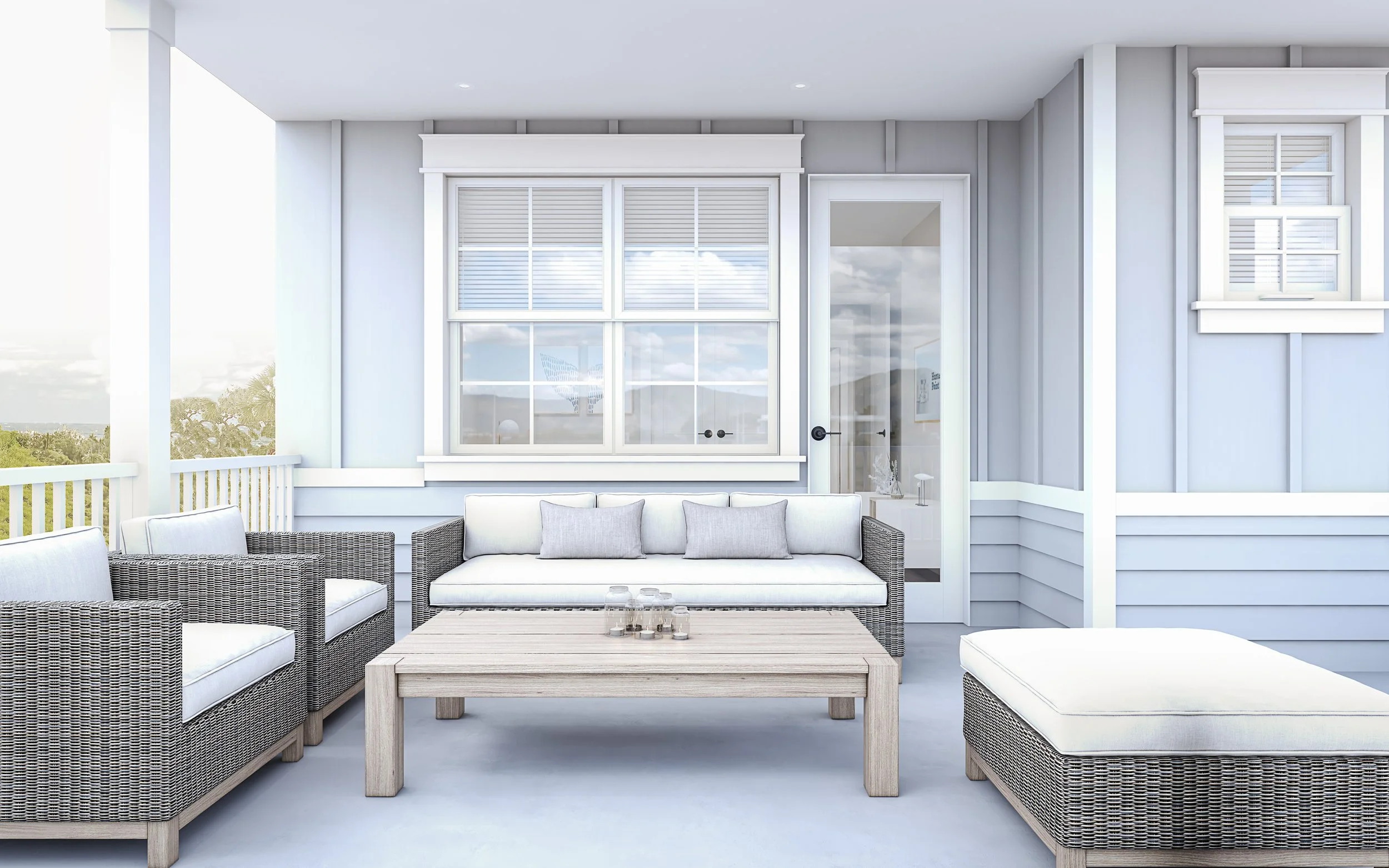 Bright outdoor porch with wicker furniture, a sofa, armchairs, a wooden coffee table, and a view of greenery and sky through large windows.