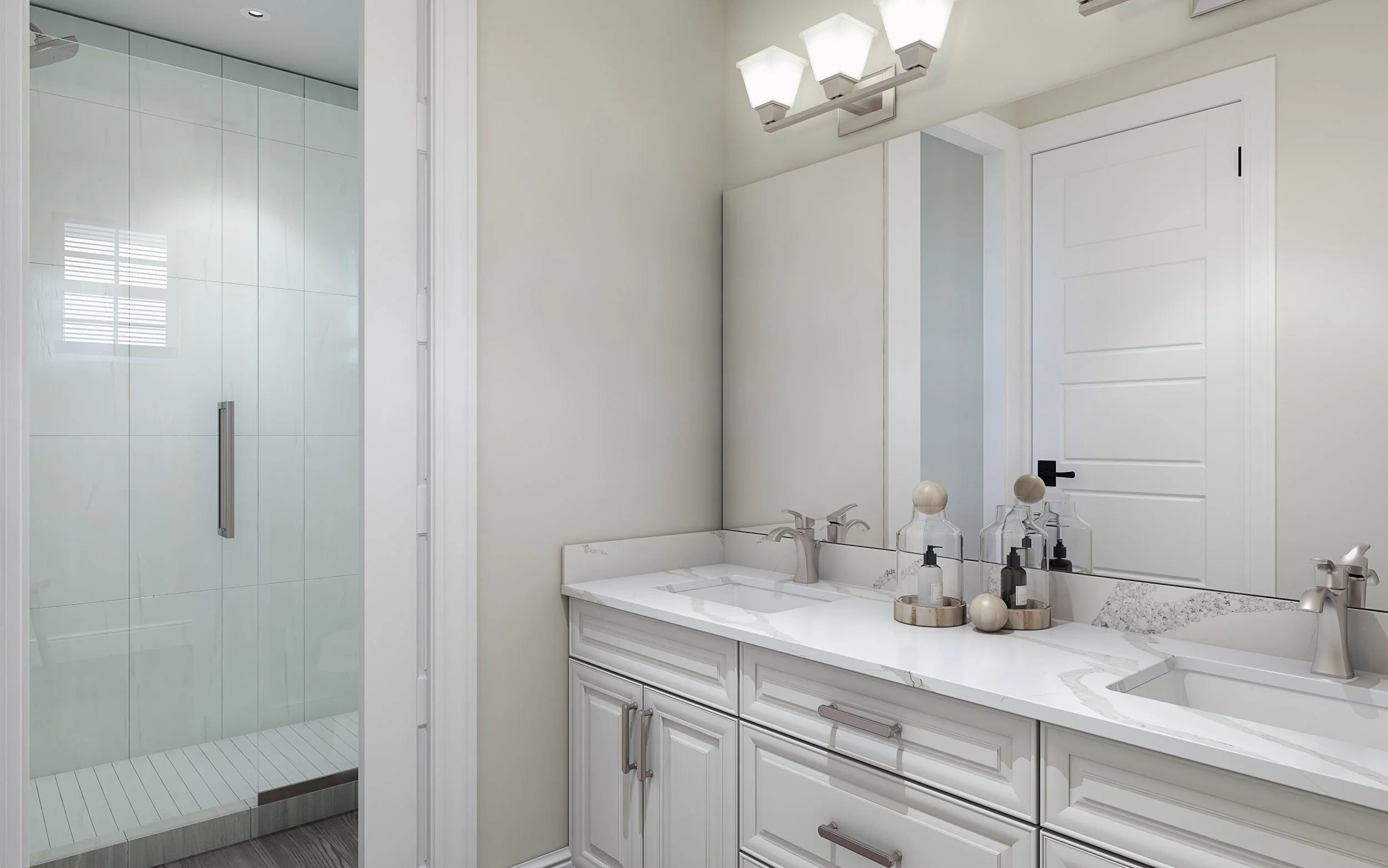 Modern bathroom vanity with double sinks, marble countertop, and a large mirror, adjacent to a glass-enclosed shower with a handle.