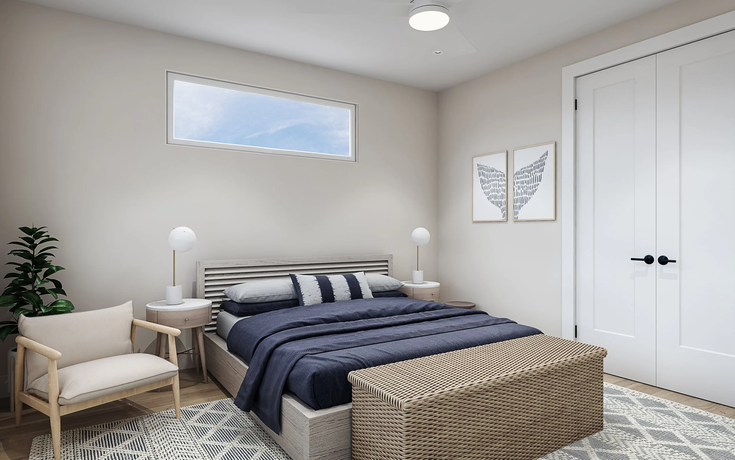 A modern bedroom with a large bed, navy bedding, two white nightstands with spherical lamps, a beige woven bench at the foot of the bed, a light armchair with wooden arms, a plant in the corner, window on the above wall, and two framed abstract art p
