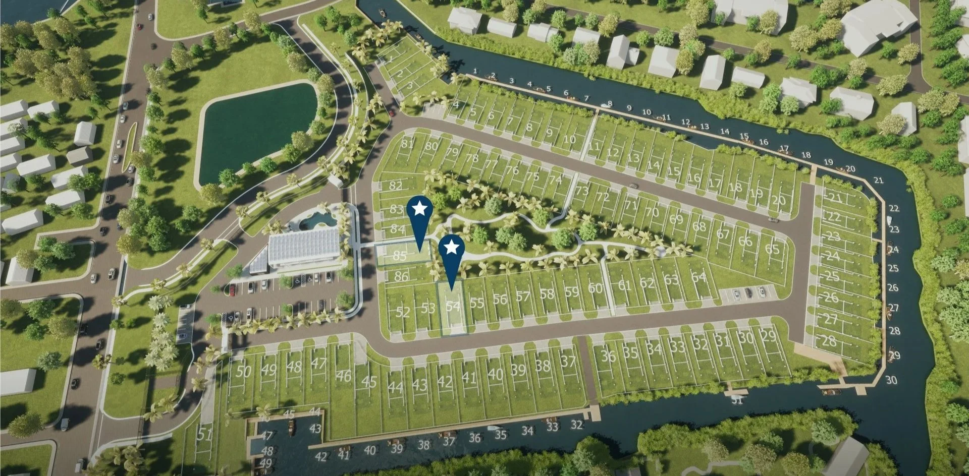 A detailed map of a waterfront residential and recreational area with numbered plots, parking lots, green spaces, water features, and two stars marking specific locations.