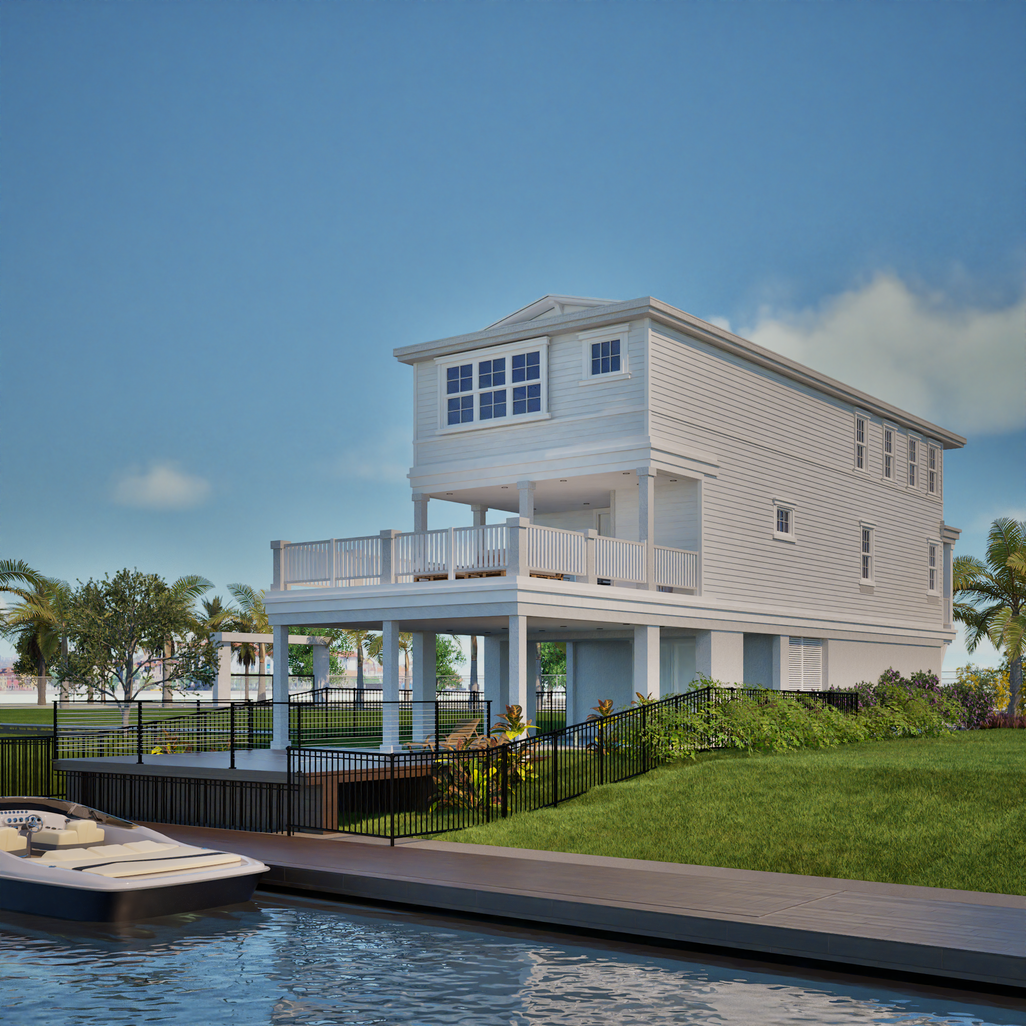 A modern white three-story house elevated on stilts is situated near a waterway. It features a spacious deck with white railings, large windows, and lush greenery surrounding it. A boat is docked at the wooden pier in the foreground, and palm trees are visible in the background under a partly cloudy sky.