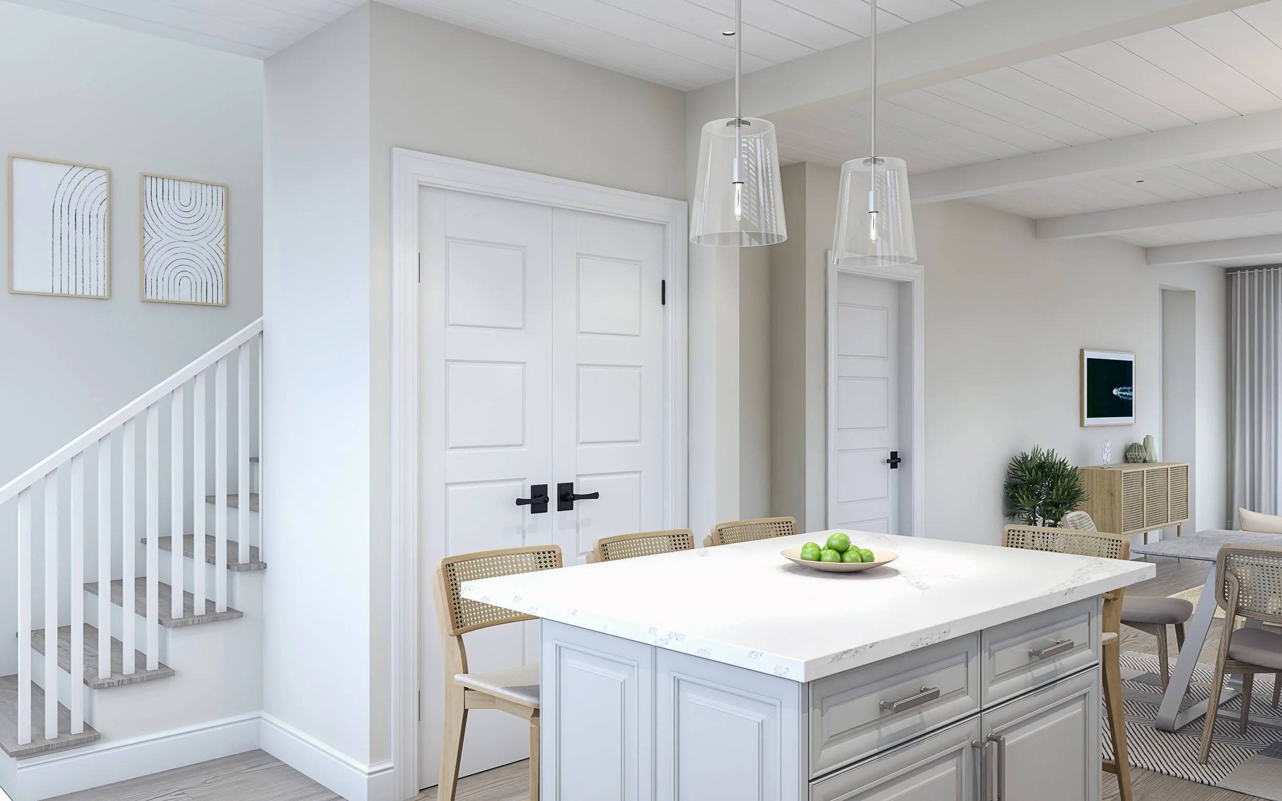 Modern white kitchen and dining area with a white island, four chairs, and contemporary decor.