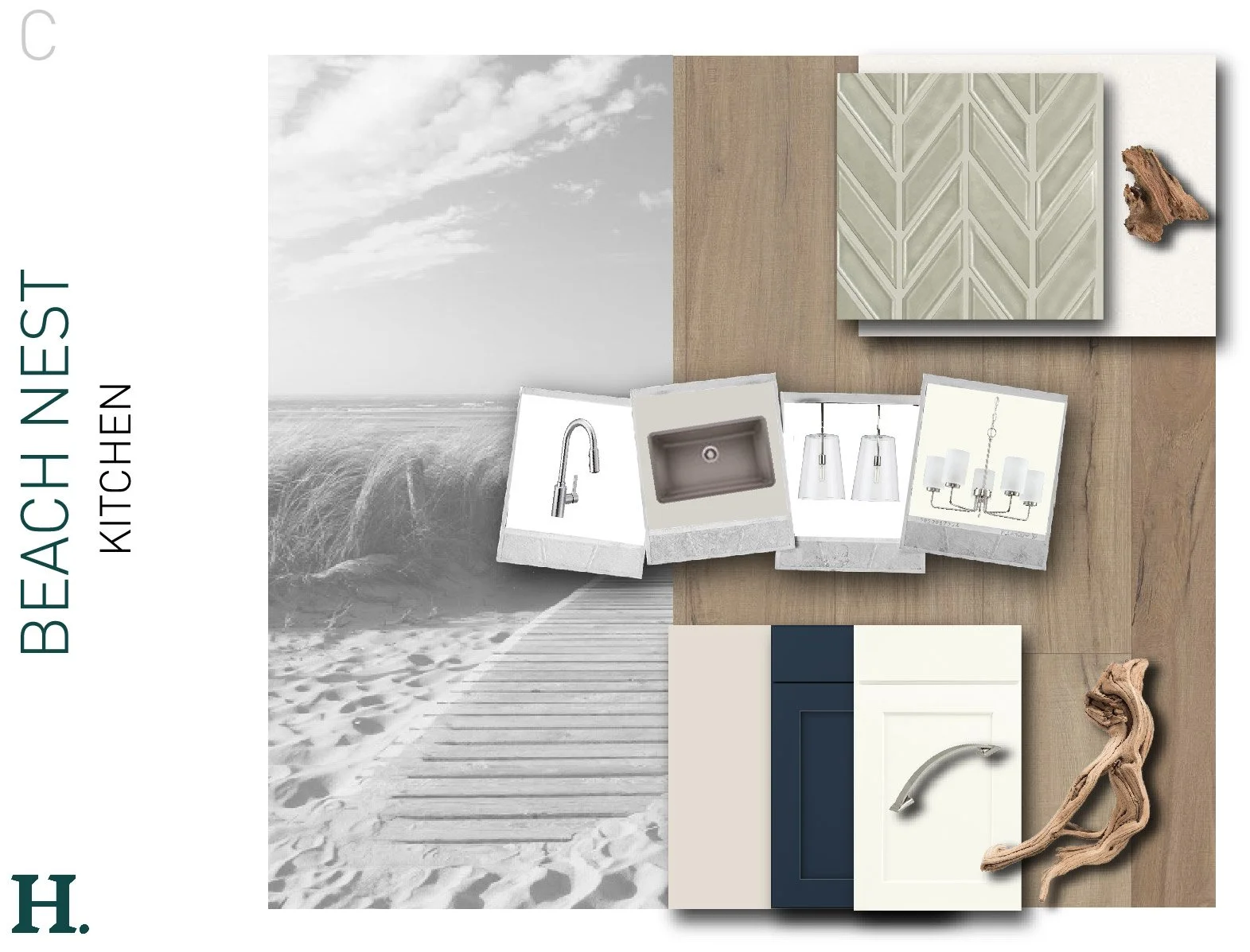 Mood board for a beach house kitchen with samples of wood, tiles, sink, faucet, lighting fixtures, and decorative wood pieces on a neutral background.