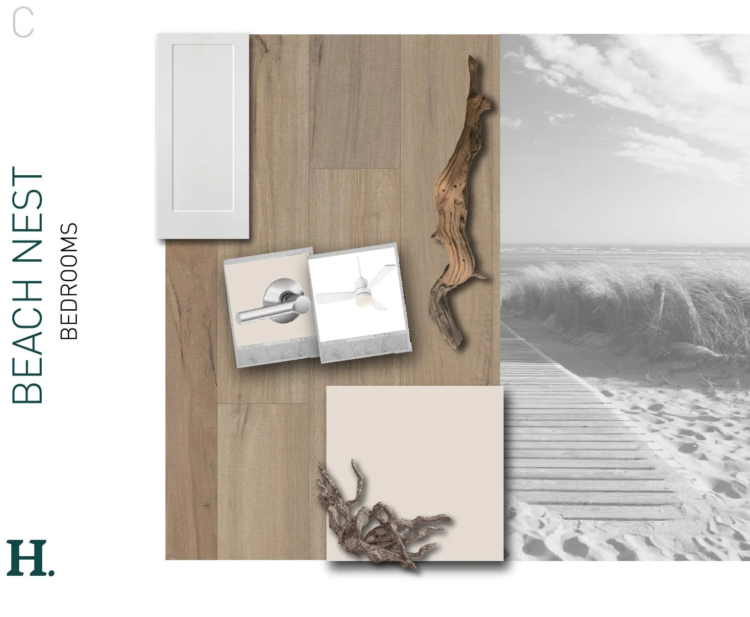 Design board for a beach-themed bedroom with wood flooring, driftwood, a beige square cushion, a white nightstand, and a large beach mural.
