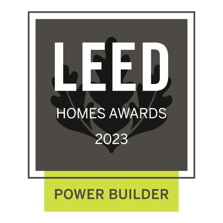 LEED Homes Awards 2023 with a Power Builder designation, featuring a black and white logo with a leaf design in the background.