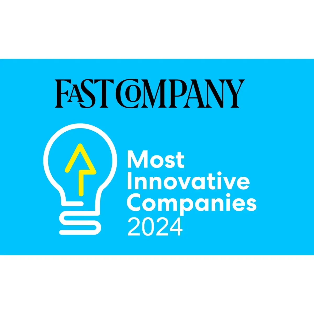 Award badge for Fast Company's 2024 Most Innovative Companies, featuring a lightbulb icon with an upward arrow inside, on a blue background.