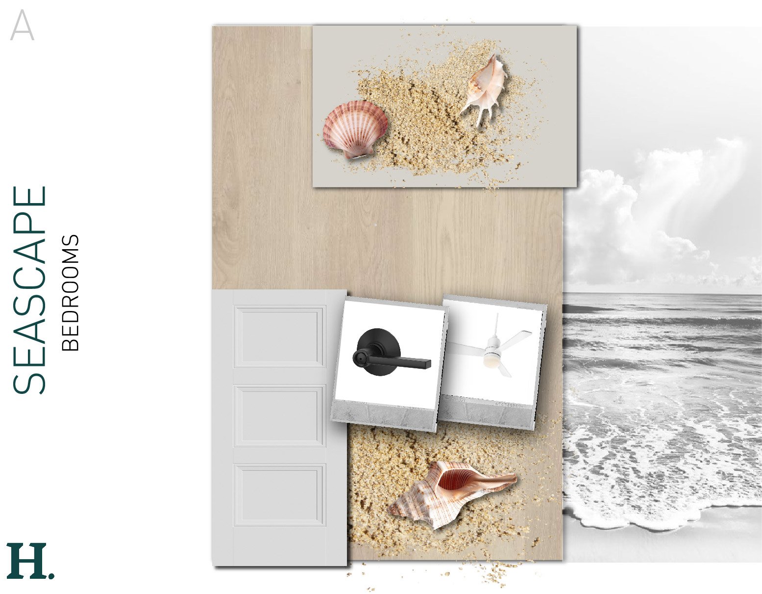 A beach-themed bedroom decor collage featuring seashells, sand, and a black door handle and a white ceiling fan with a beach background.
