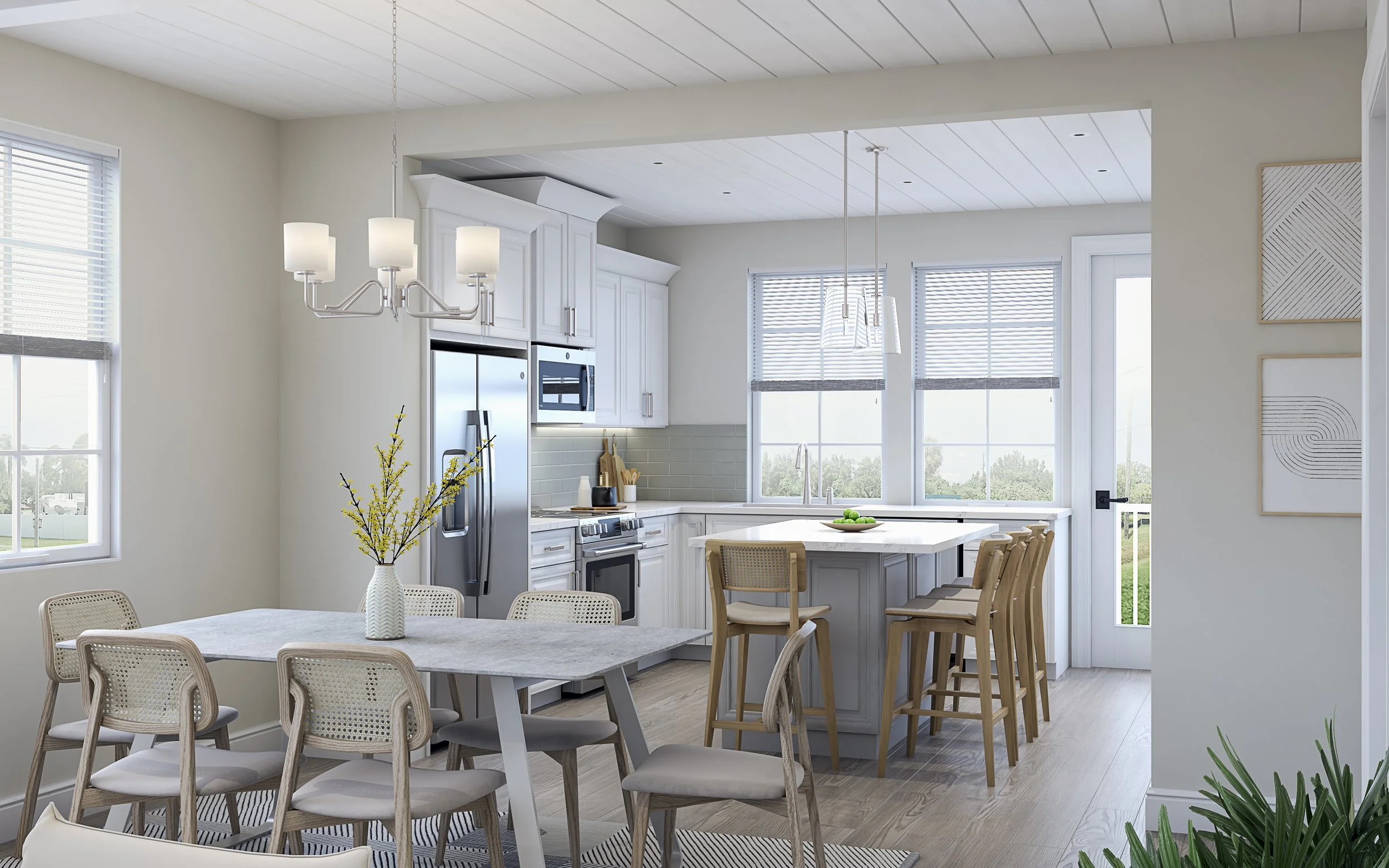 Open concept kitchen and dining area with white cabinets, stainless steel appliances, a breakfast bar with wooden chairs, a dining table with chairs, and large windows letting in natural light.