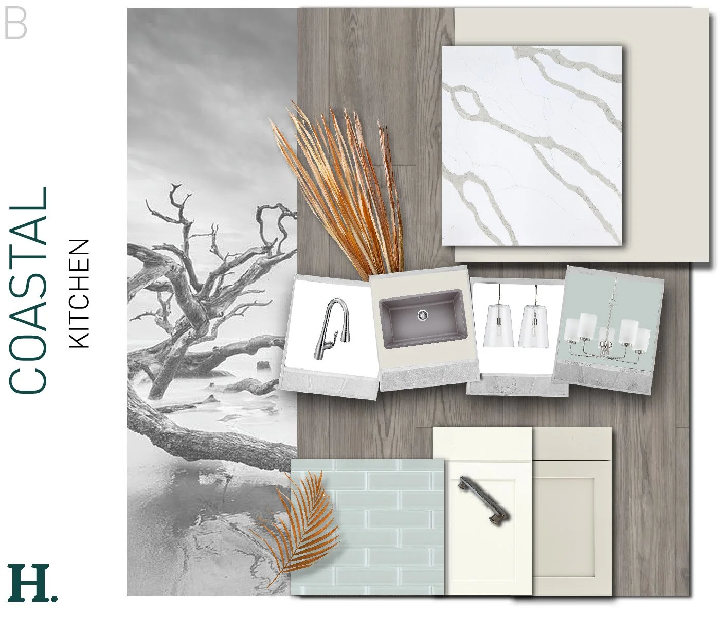 Collage of kitchen design elements including a sink, faucet, cabinet handles, hanging light fixtures, a marble tile sample, a subway tile sample, a textured wall tile sample, and decorative dried plants, set against a background of a black and white 