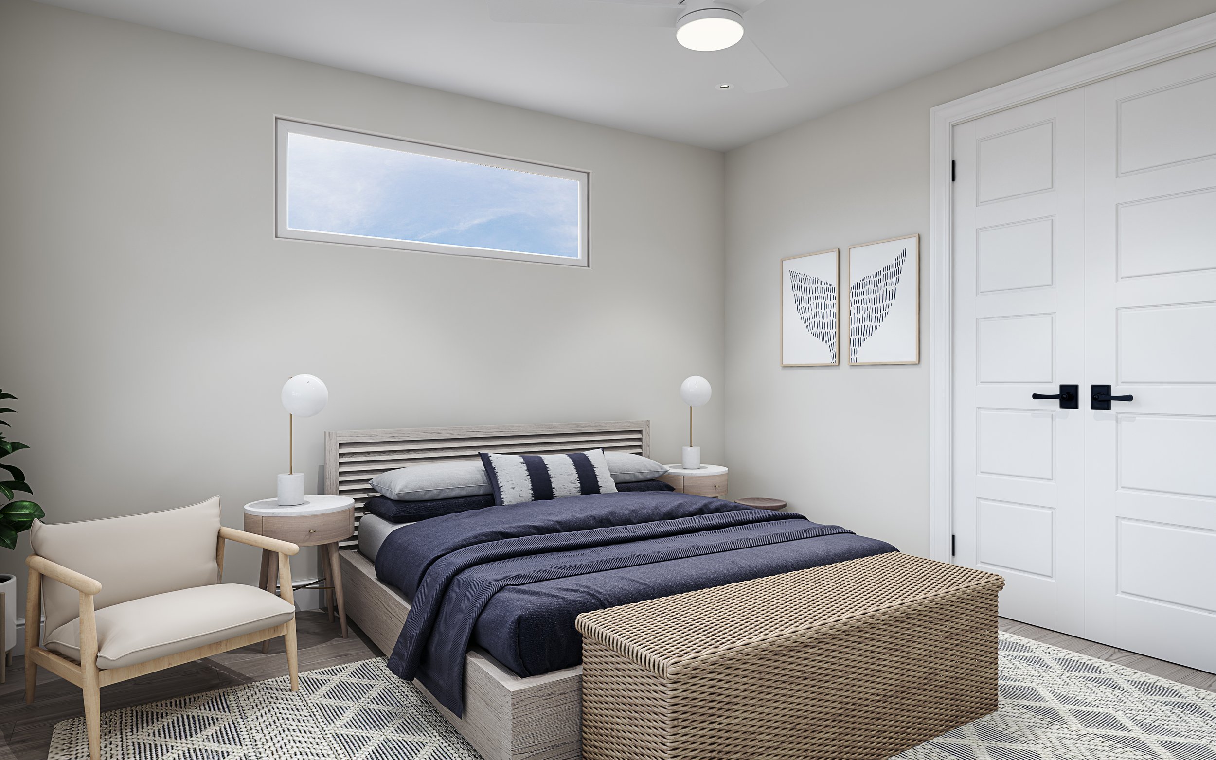 Modern bedroom with white walls, a window showing blue sky, a bed with dark bedding, two nightstands with white lamps, a cream armchair, a woven bench at the foot of the bed, wall art with black lines, and a patterned rug.