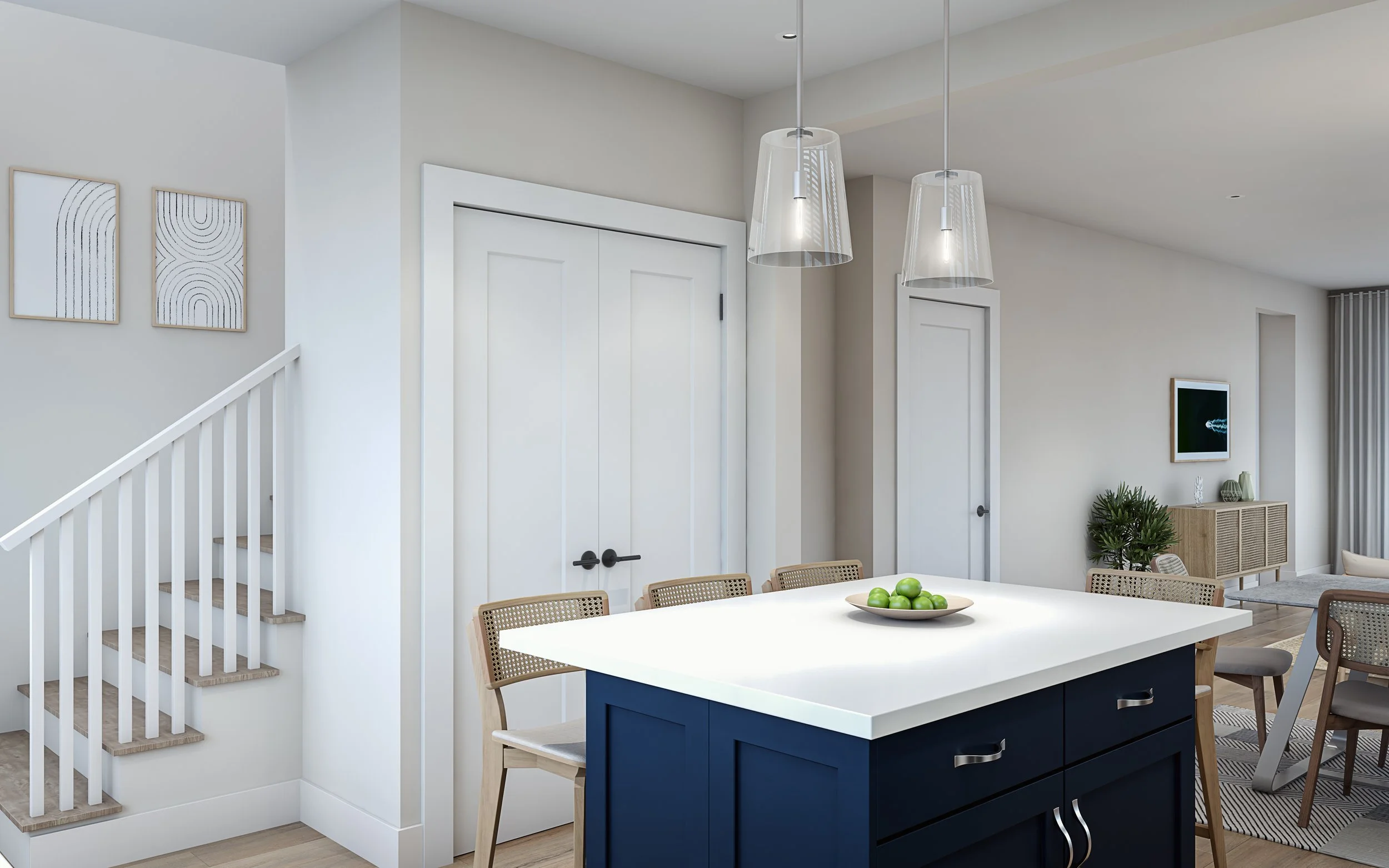 Modern kitchen with an island, white countertops, navy blue cabinets, hanging pendant lights, and dining area with chairs and wall art.