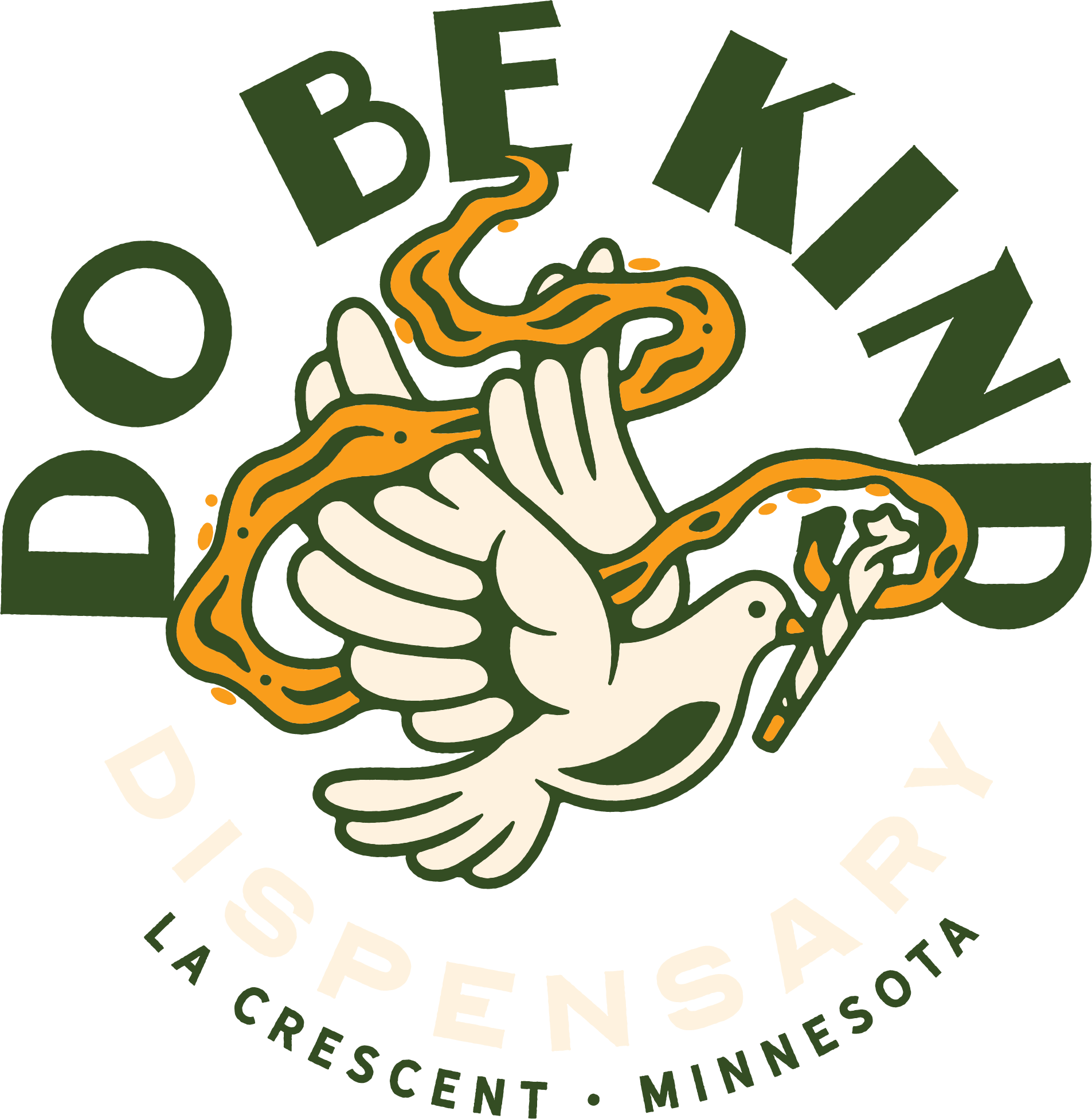 Logo for Do Be Kind Dispensary in La Crescent, Minnesota, featuring a white dove holding an orange snake, with the text 'Do be Kind' 'Dispensary', and 'La Crescent · Minnesota' around the image.