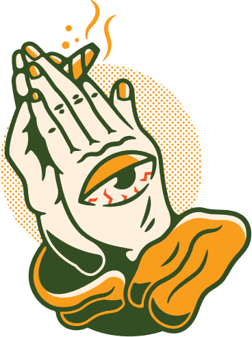 A stylized illustration of a hand with rings, holding cannabis from a dispensary in Minnesota