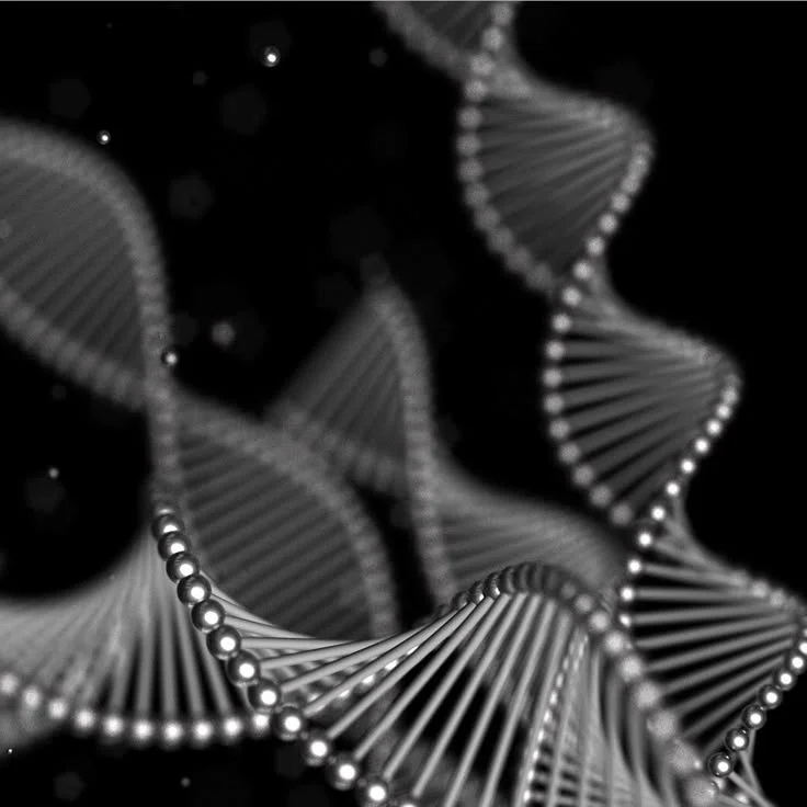 Black and white digital illustration of a DNA double helix with glowing beads along the spirals.