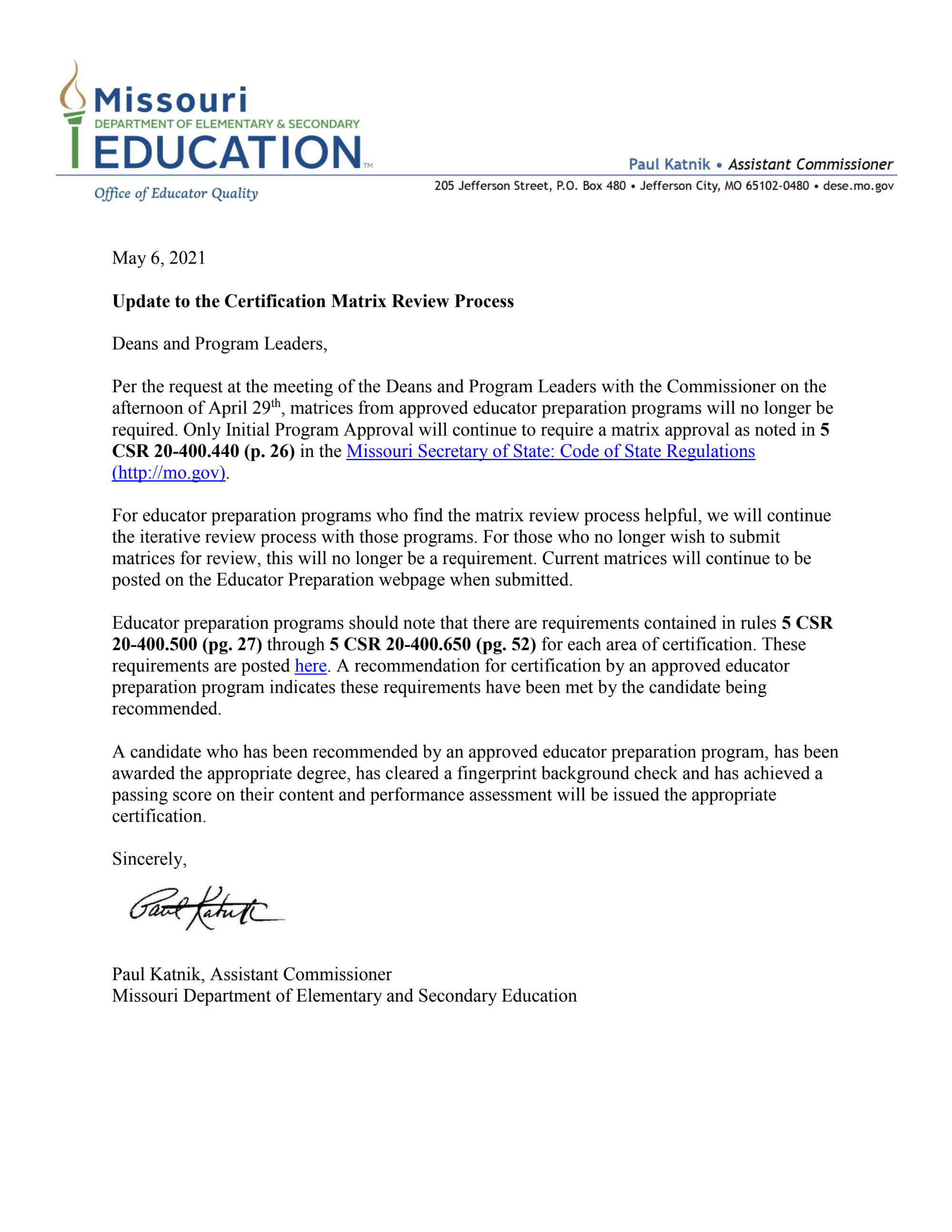 An image of the Deans & Program Leaders Letter from DESE with embedded PDF download link