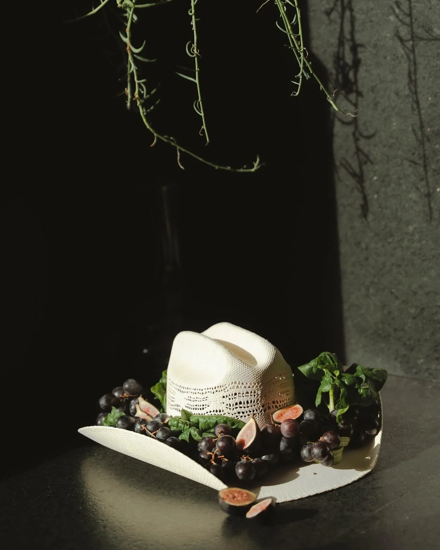 A white hat surrounded by grapes, figs, and green leaves on a black surface with a dark background. Creative Food Styling Photoshoot. Cultured Creative Studios