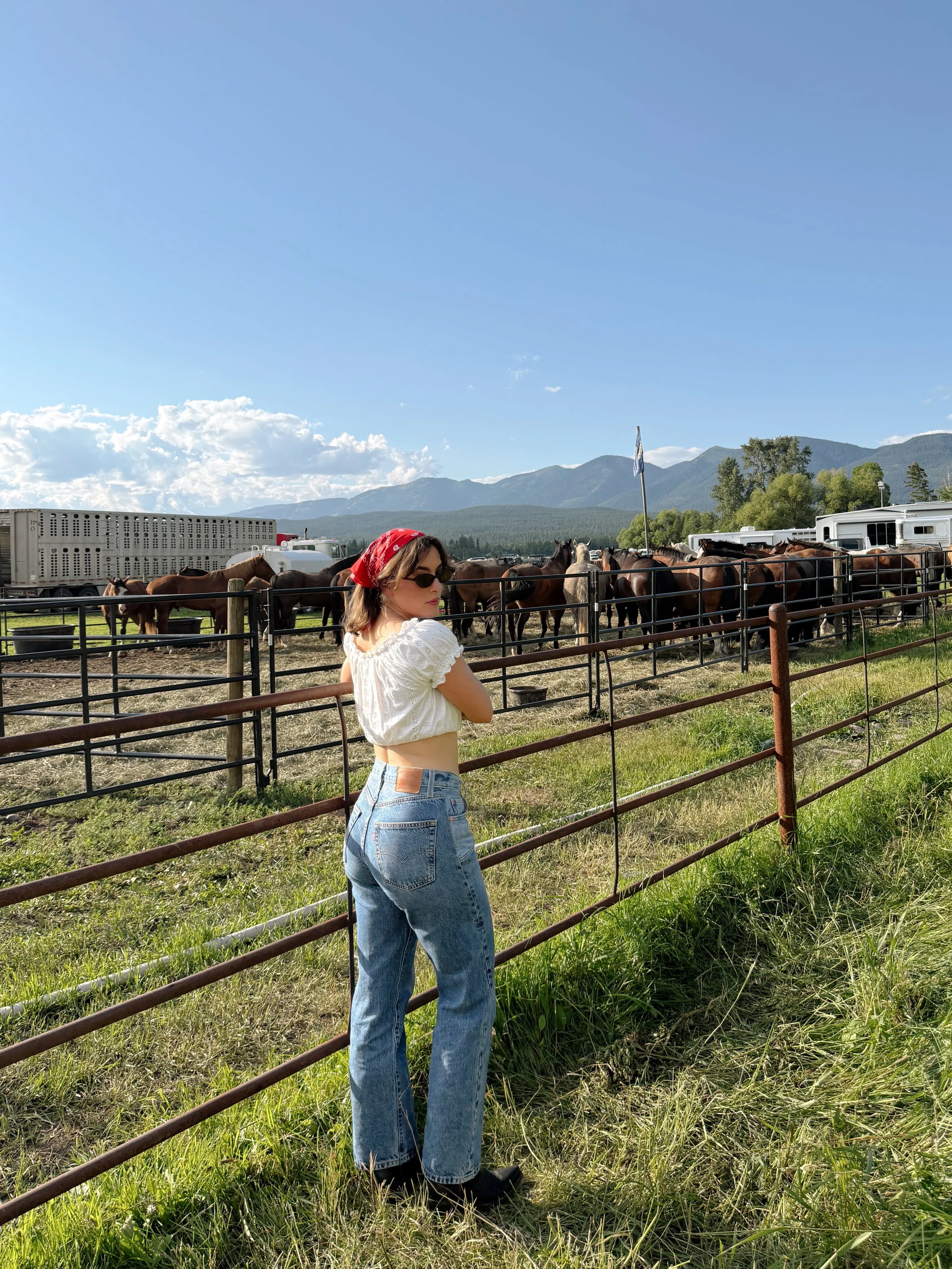 A young woman with a red bandana, sunglasses, white crop top, and blue jeans standing by a metal fence, looking at horses behind the fence in an open field with mountains in the background on a sunny day.