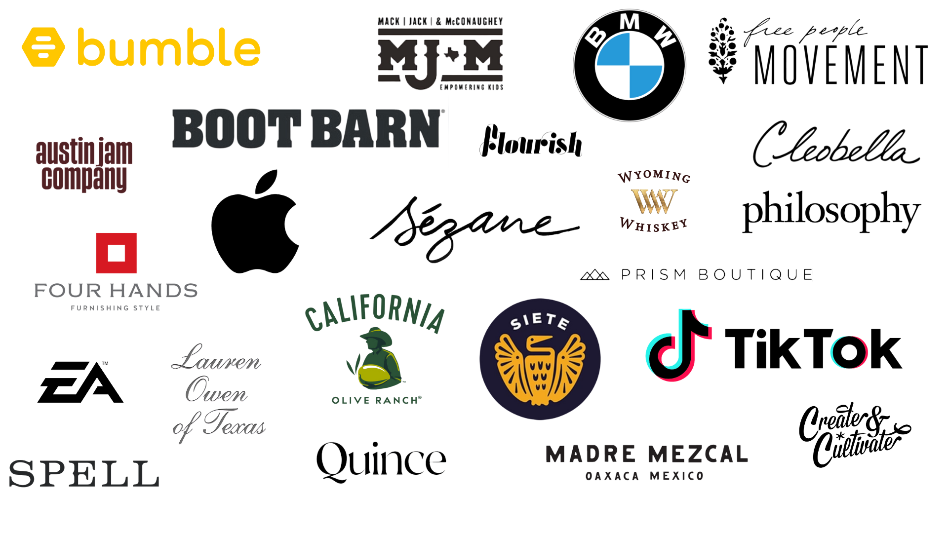 Collage of various brand logos, including Apple, BMW, TikTok, Seame, Adobe, and others, along with city or state names like Austin and California.