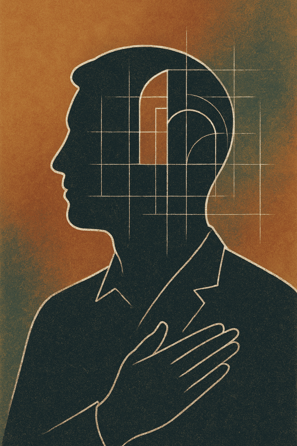 An illustration of a person's side profile with a silhouette outline, overlaid with geometric grid lines, and the person's hand placed over their heart, set against a gradient brown background.