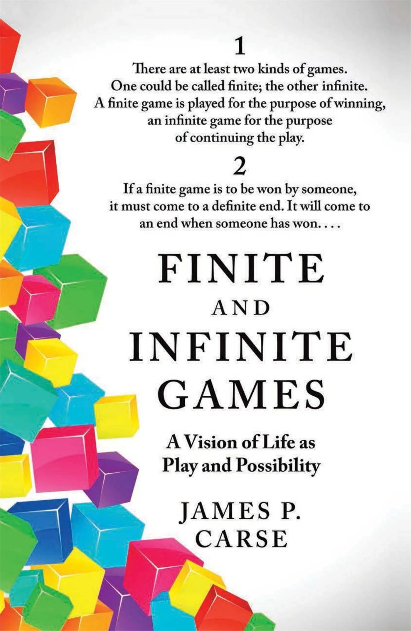 Book cover titled "Finite and Infinite Games" by James P. Carse, featuring colorful 3D cubes on a white background.