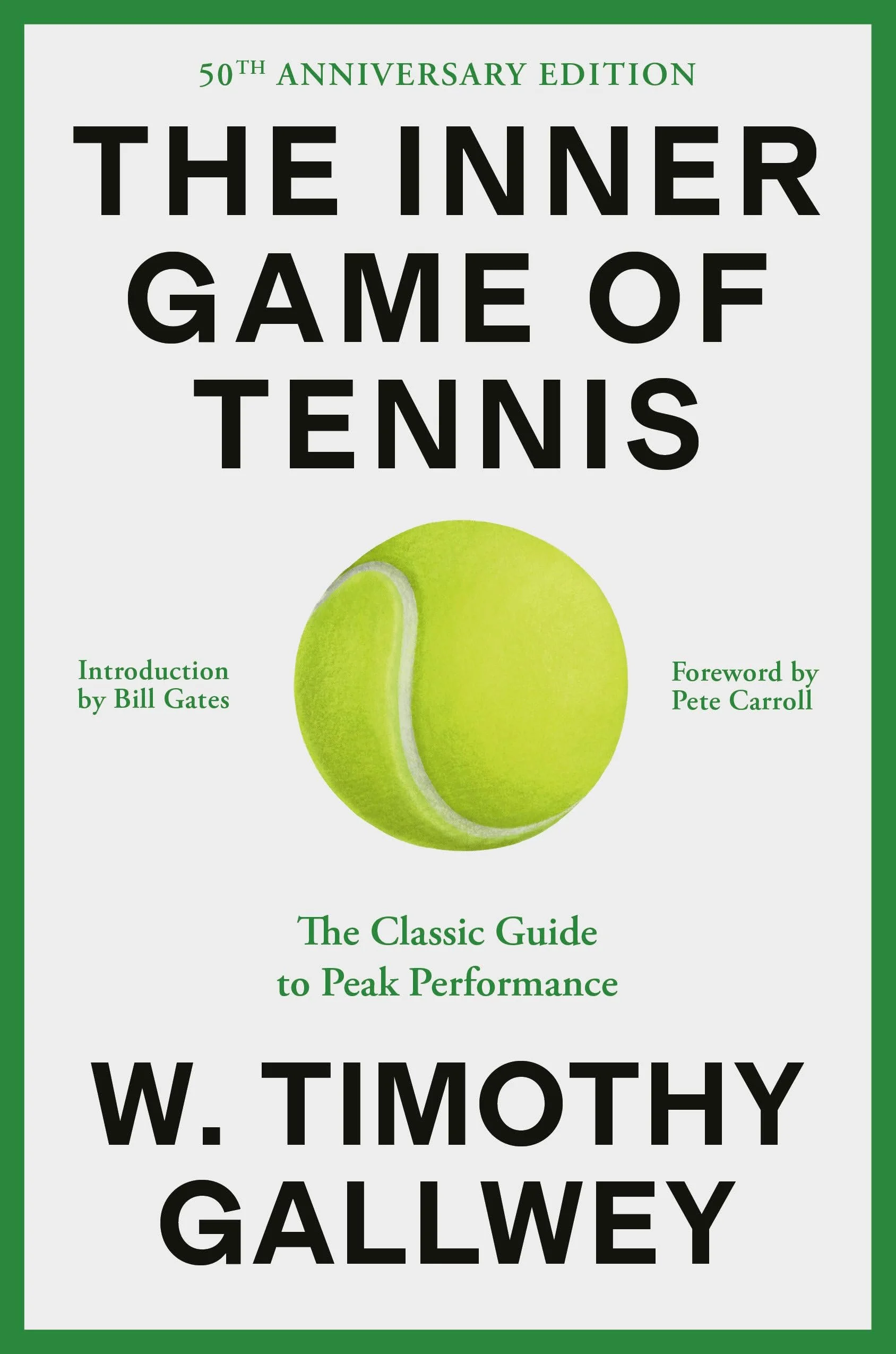 Book cover for 'The Inner Game of Tennis', 50th Anniversary Edition, by W. Timothy Gallwey, features a yellow tennis ball at the center with a white curved line and green accents, on a white background with green borders and black and green text.