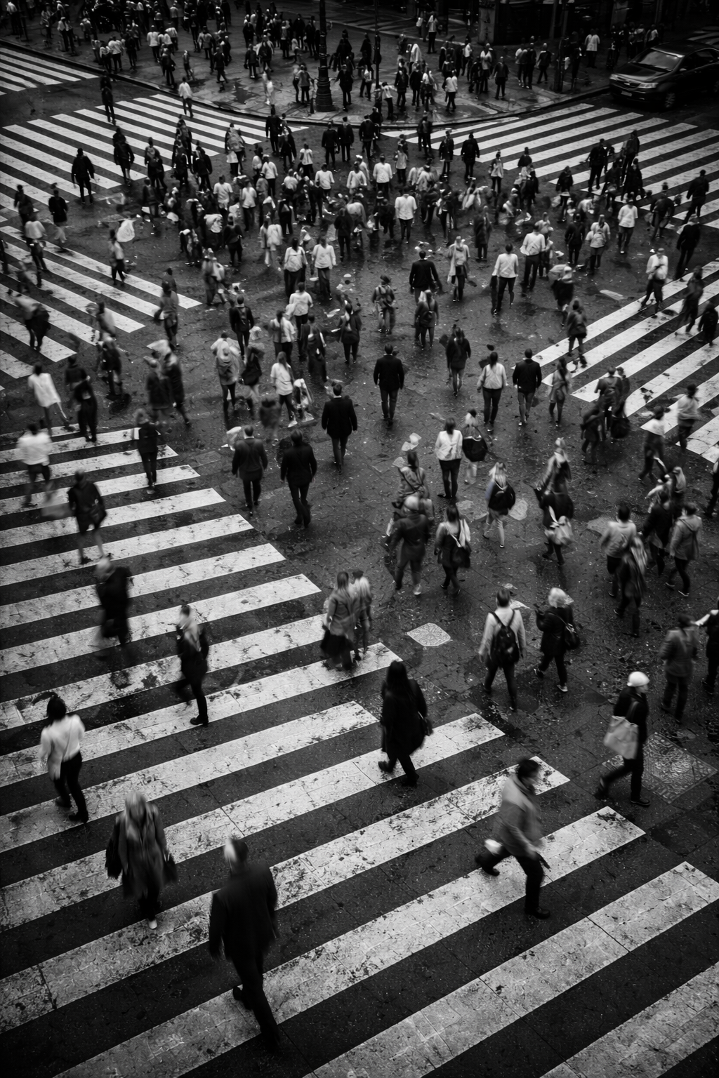 People crossing a city intersection from above, illustrating collective movement and interconnected activity.