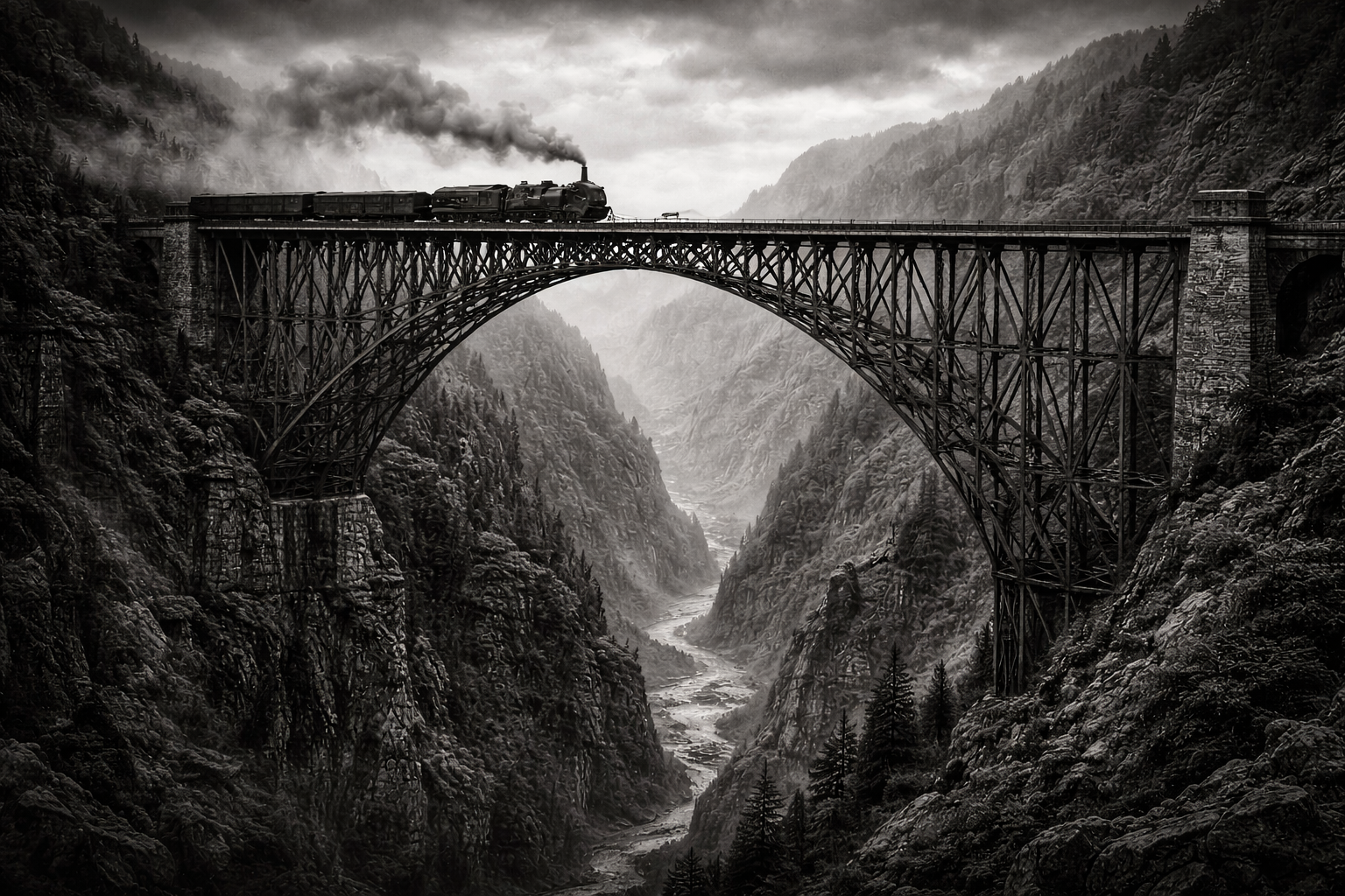 Train crossing a large steel bridge over a mountainous valley, symbolizing connection and transition.