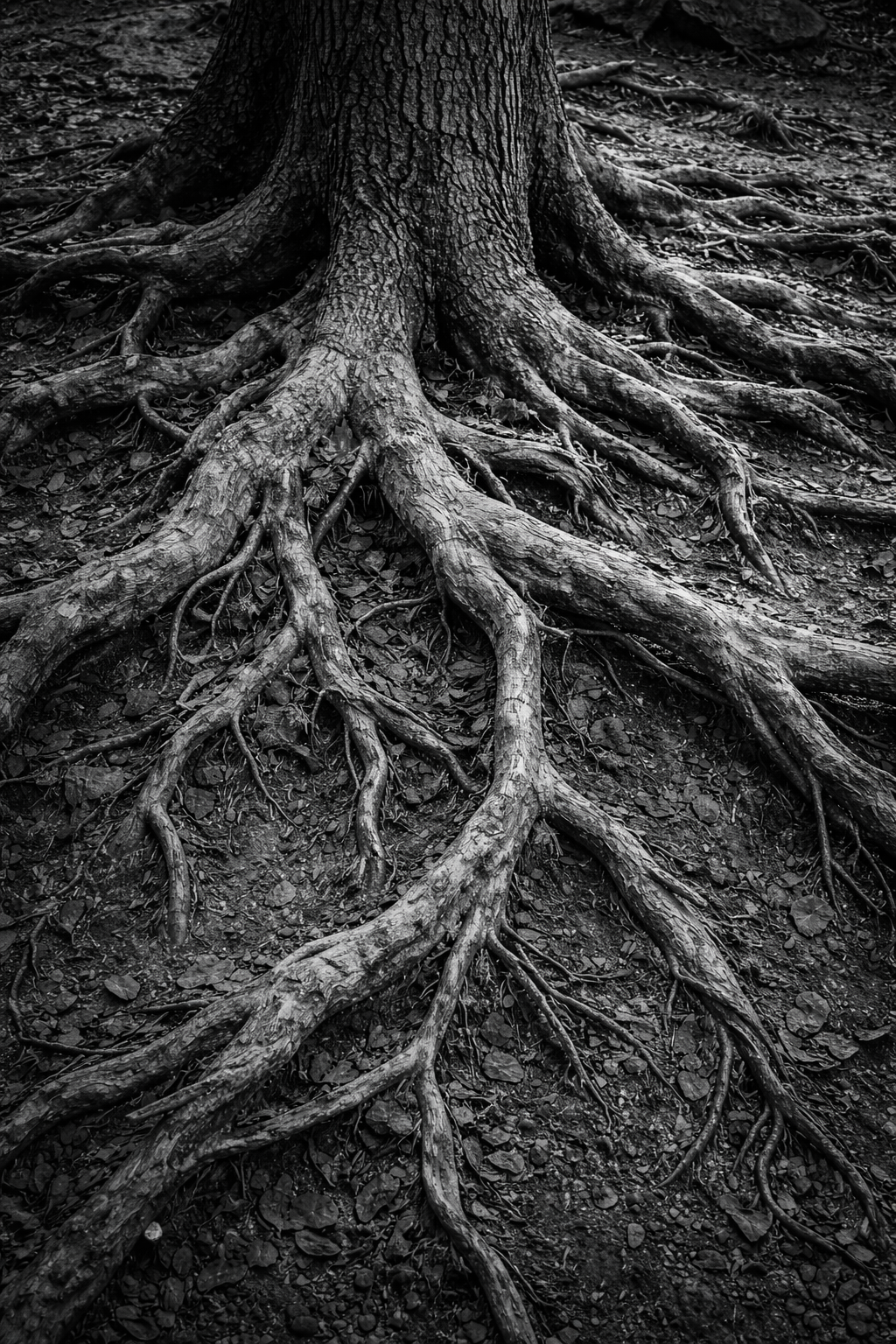 Intertwined tree roots spreading across the ground, representing interconnected structures.