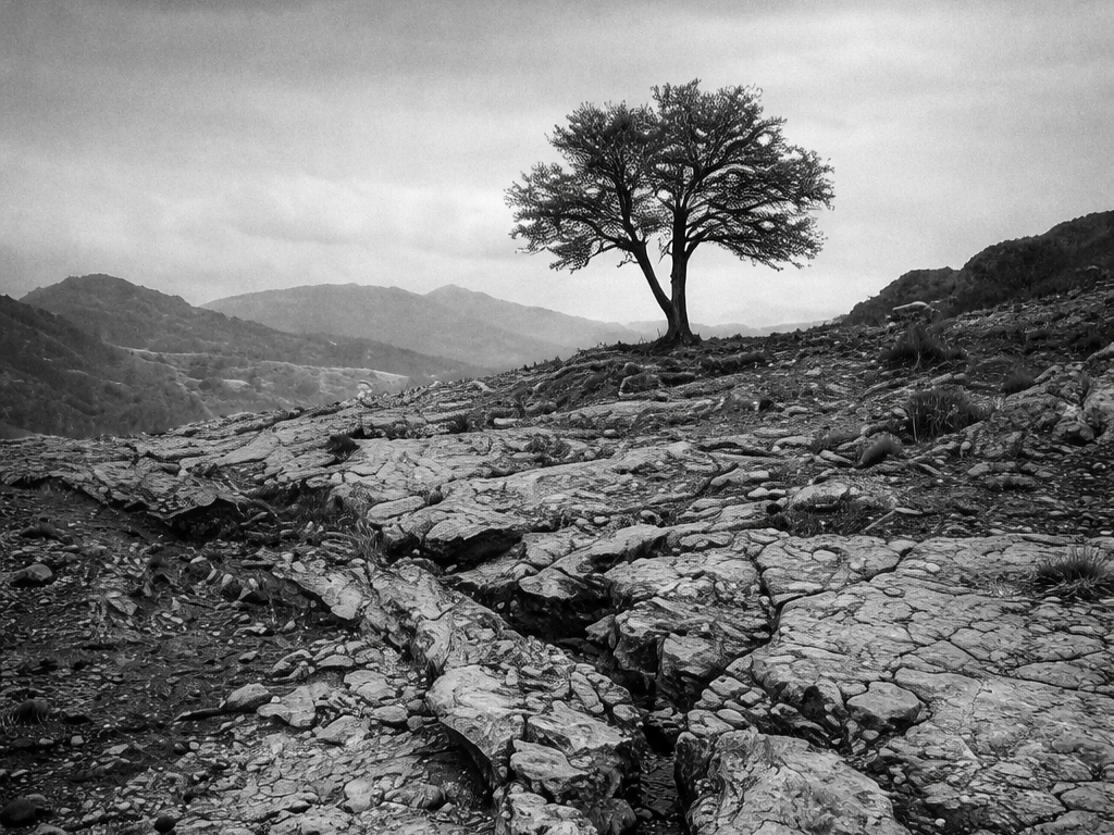 A solitary tree growing from cracked rocky ground, illustrating growth through stress and harsh conditions.