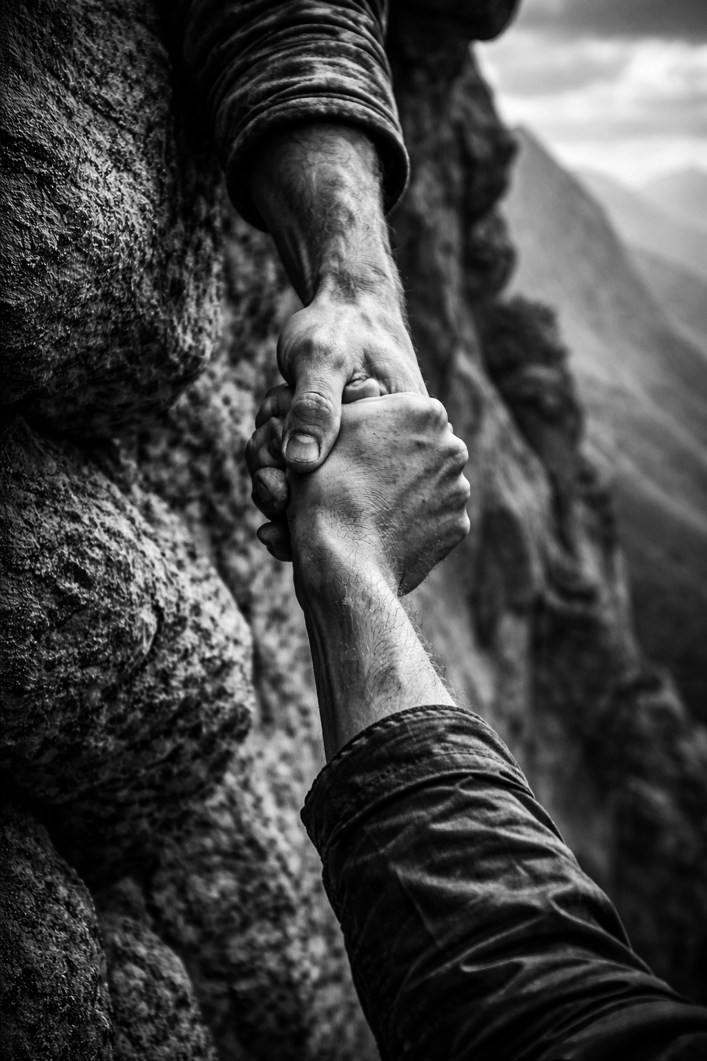 One person helping another climb a rocky surface, symbolizing collaboration and mutual support.