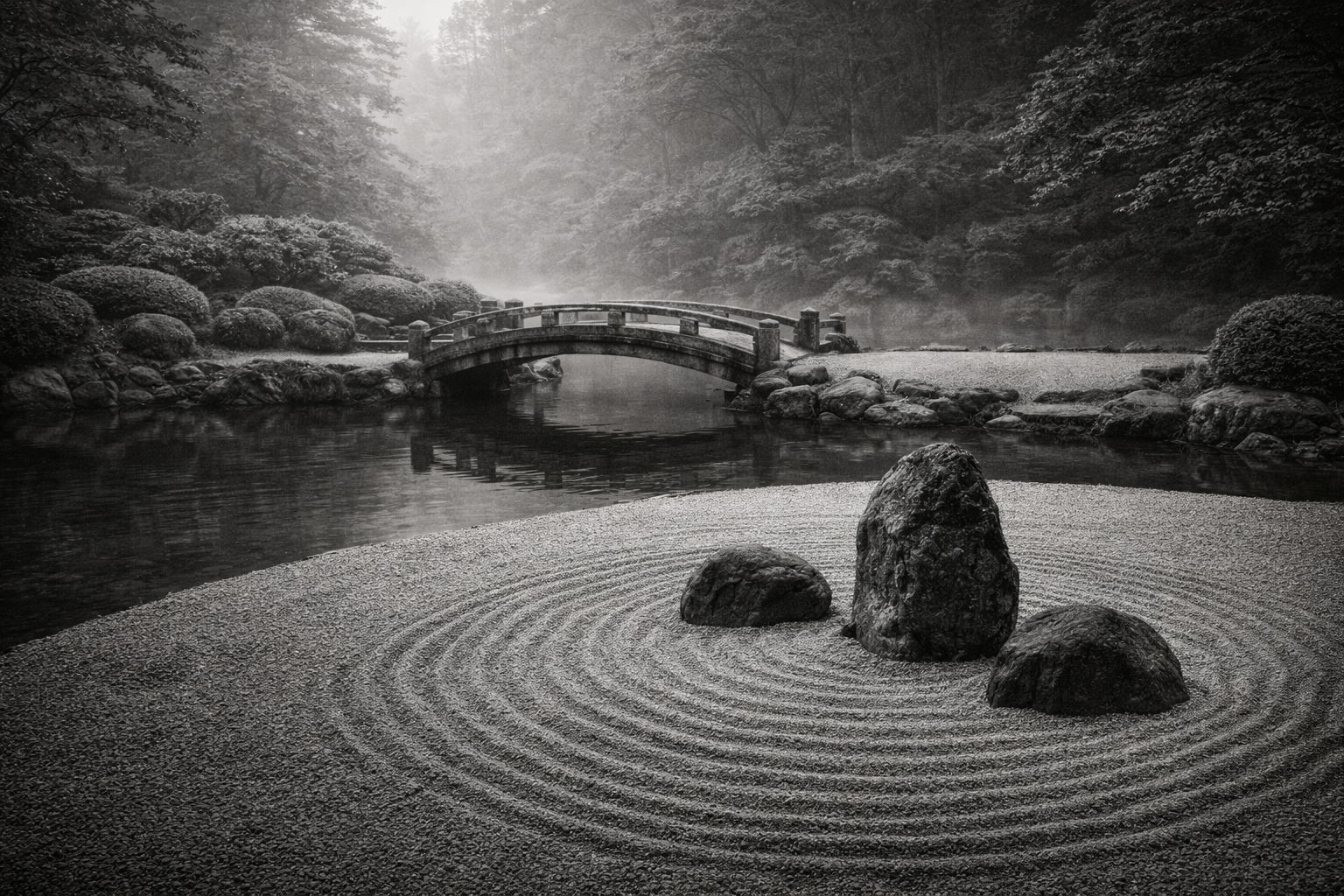 Zen garden with raked sand, stones, and a small bridge, illustrating balance, structure, and human-guided intelligence.