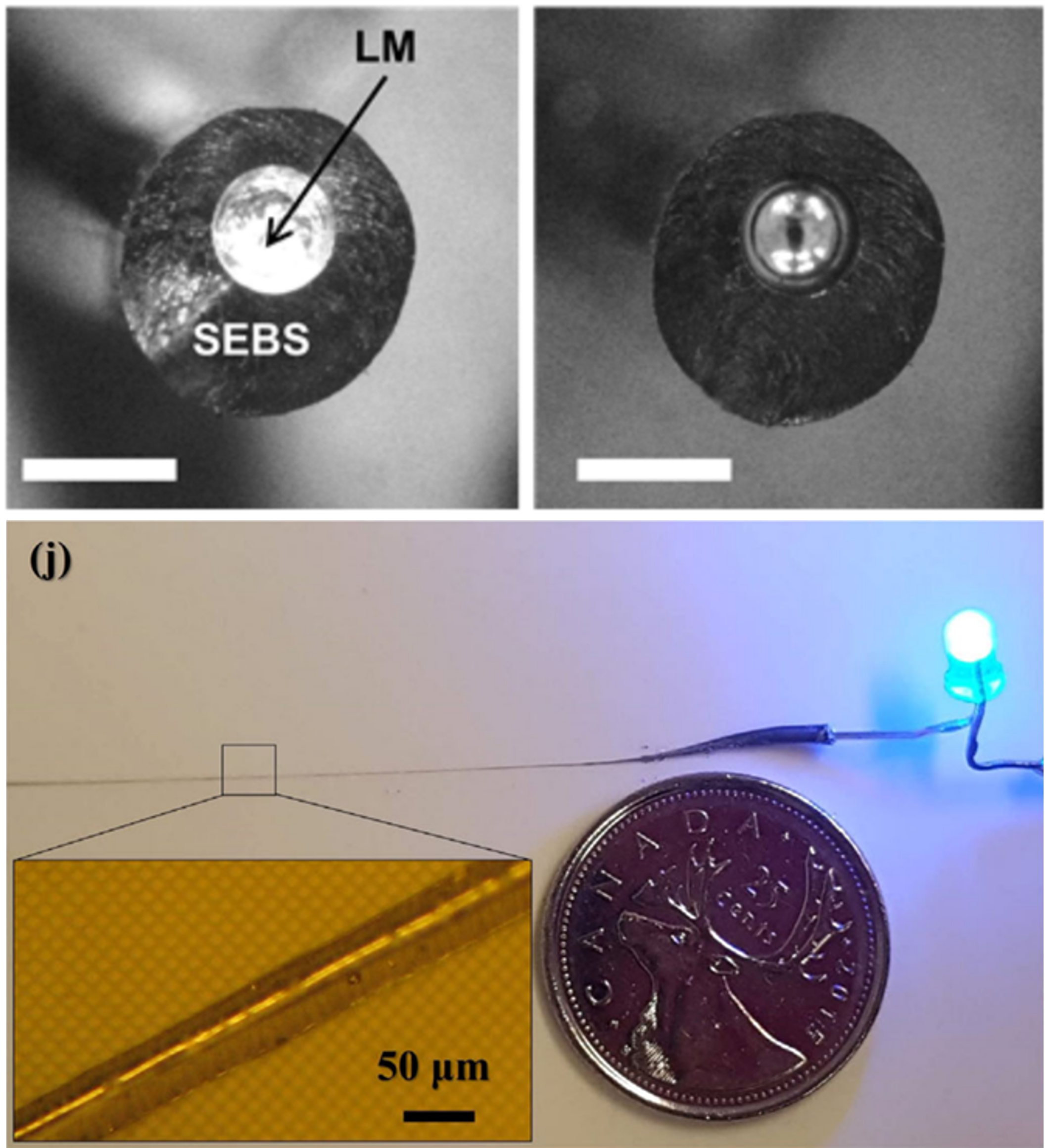 Co-axial injection of room temperature liquid metal (Eutectic Indium Gallium AKA EGaIn) into printed lines to create stretchable wires.