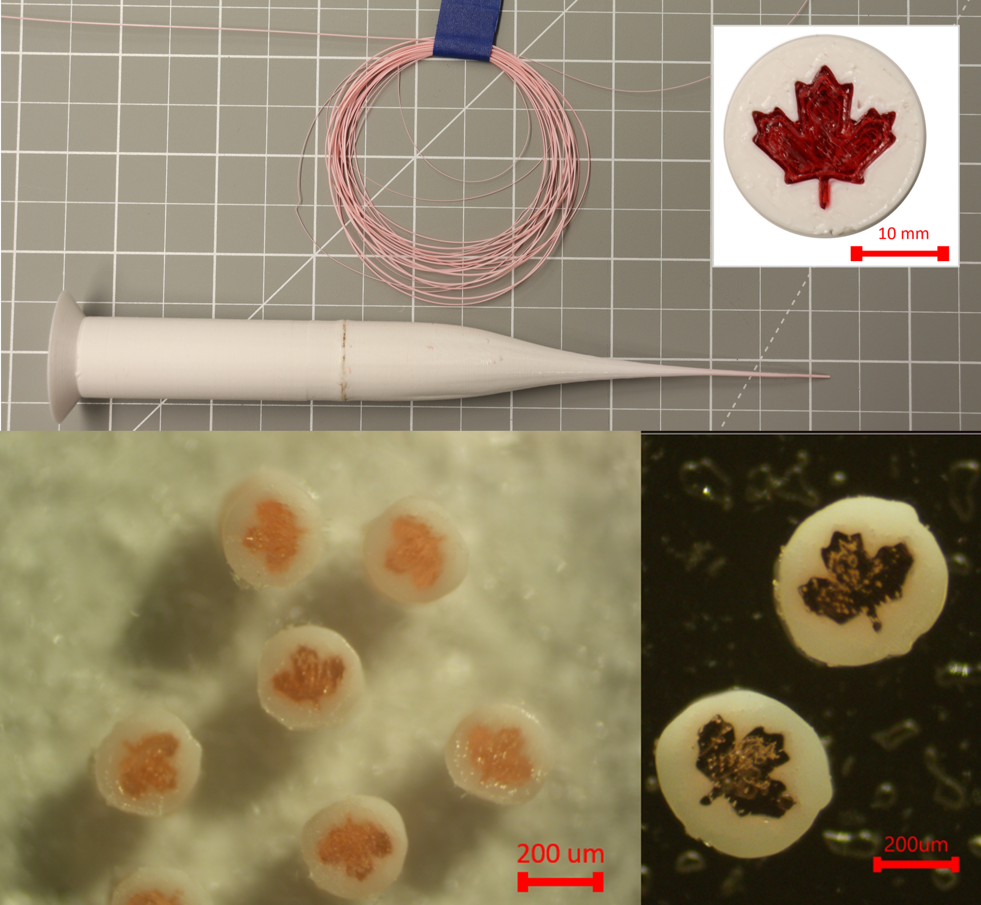 Multi-color PETG preform with Canadian flag cross-section, drawn to sub 200 micron fibers