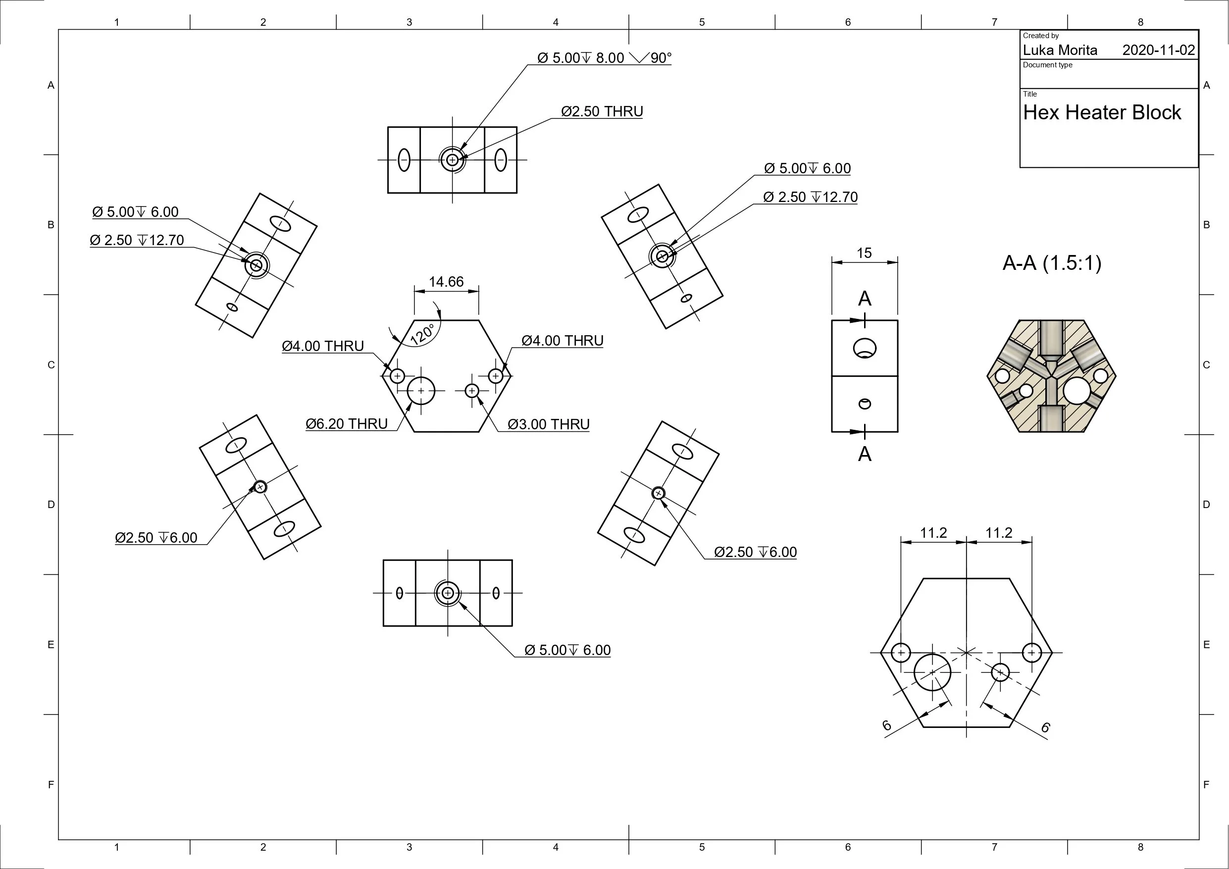 CAD drawing for our custom machined hex extruder block