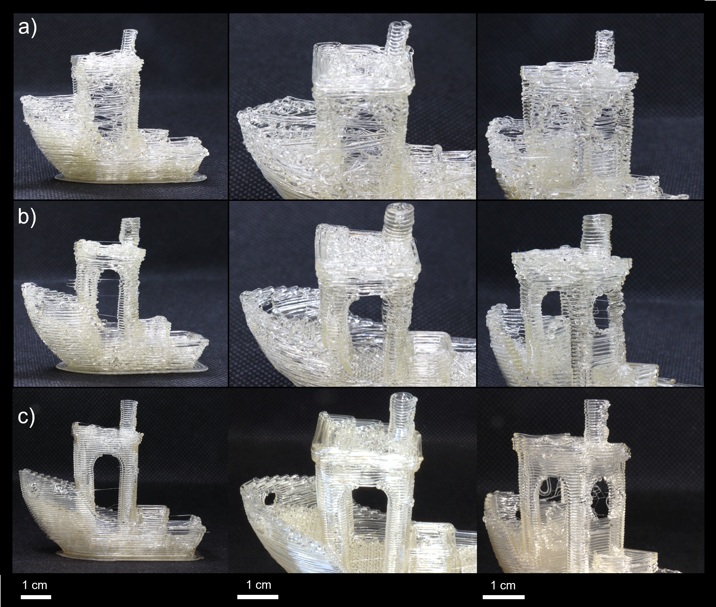 Benchmark print demonstrating impact of no valve (top), with valve (middle), and with optimized valve parameters (bottom).