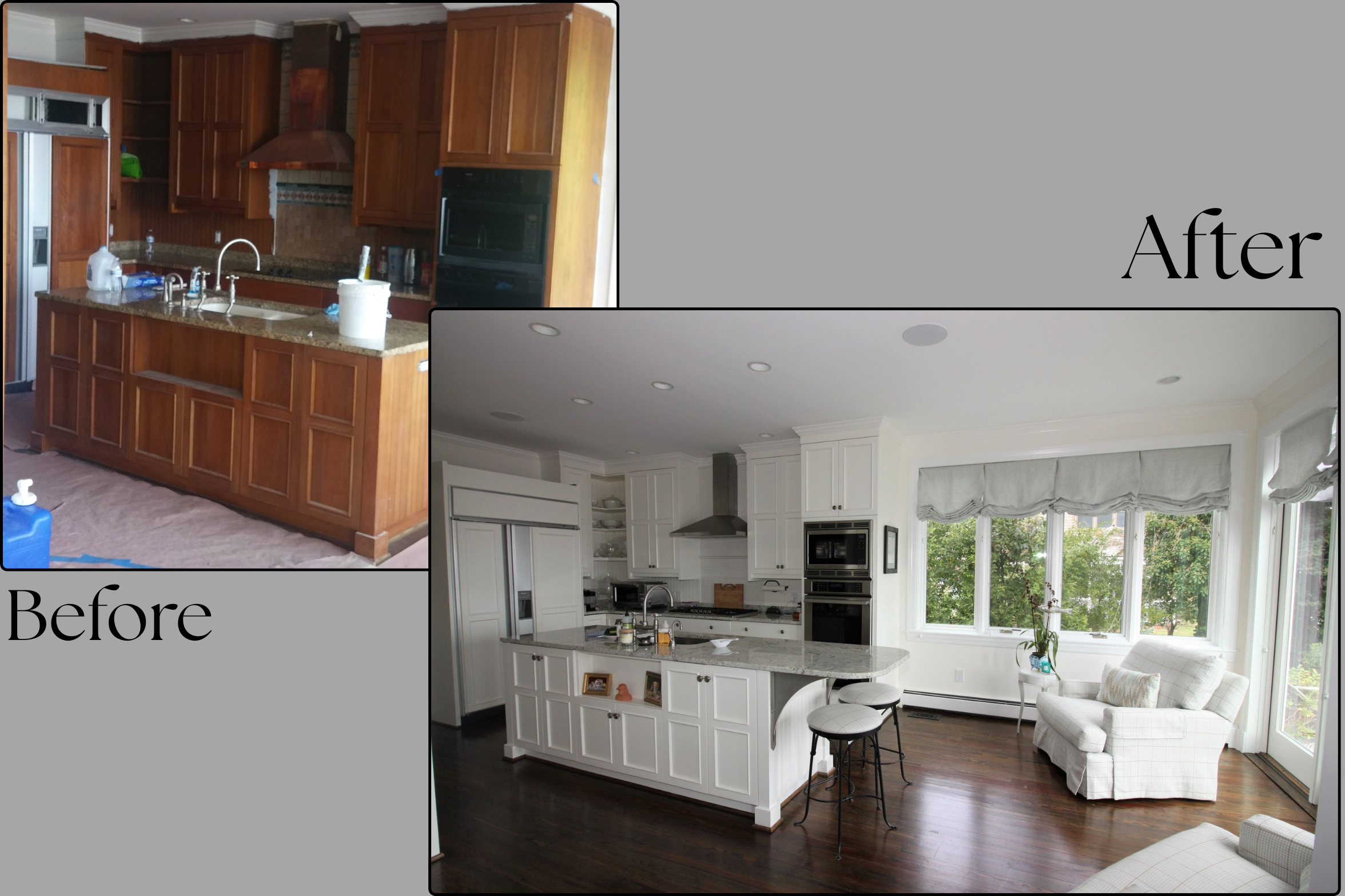 Comparison of a kitchen before and after renovation. The before image shows a kitchen with wooden cabinets and a brown granite countertop. The after image shows a bright, white kitchen with a granite island, dark hardwood floors, and a sitting area with large windows and greenery outside.